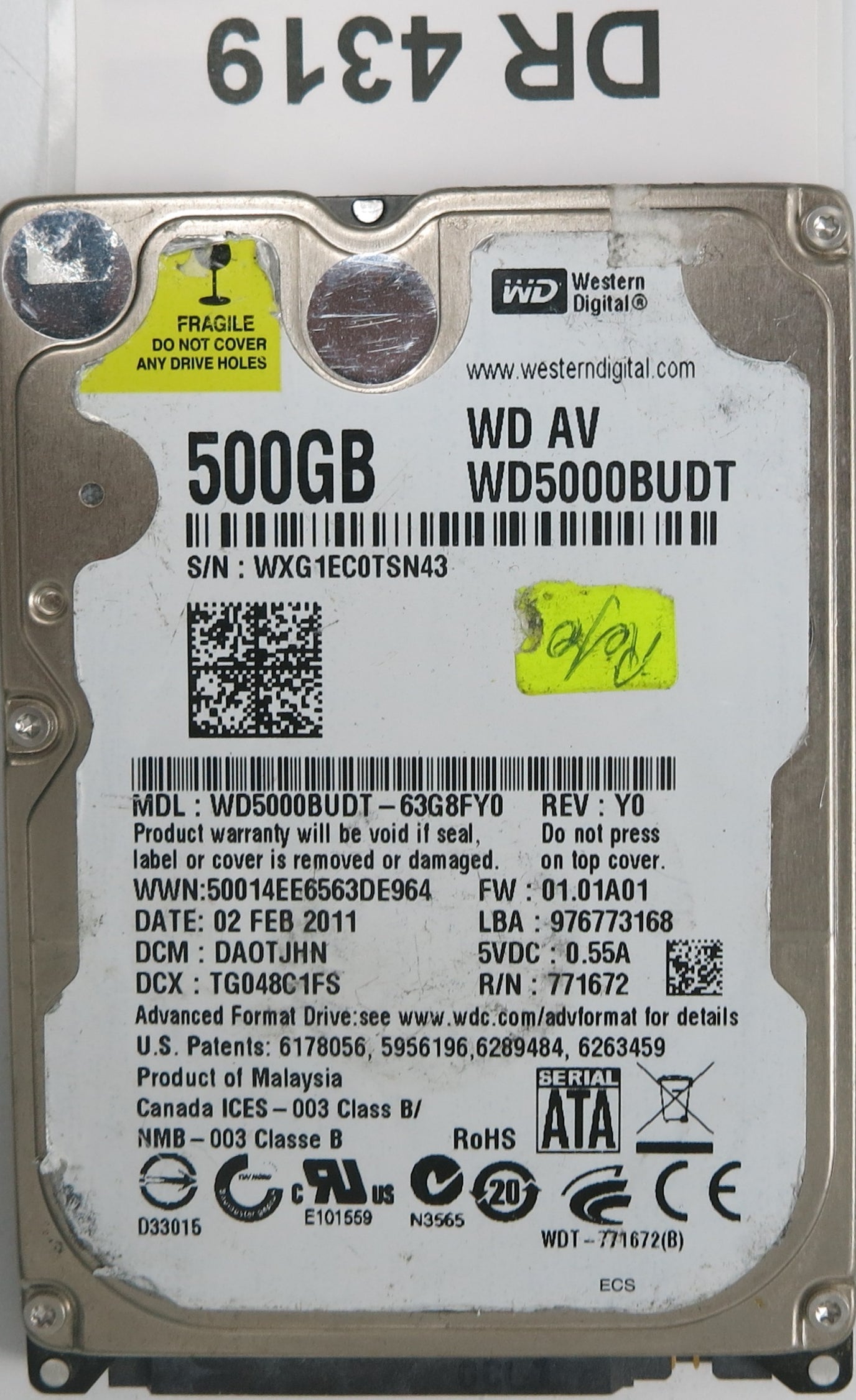 WD5000BUDT-63G8FY0,  DCM: DA0TJHN,  Serial: WXG1EC0TSN43,  500GB 3.5,  PCB 2060-771672-004 REV A