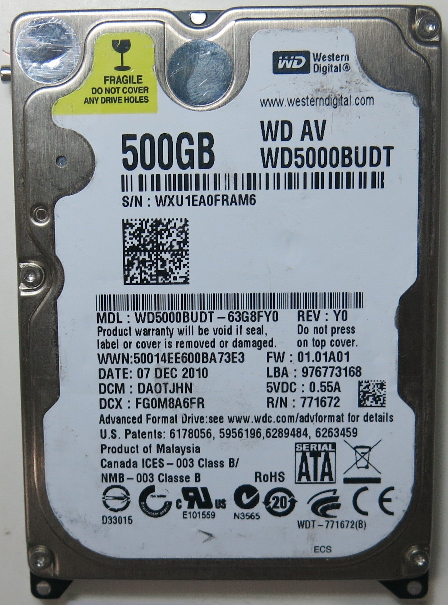 WD5000BUDT-63G8FY0, DCM DAOTJHN, 2060-771672-004 REV A PCB