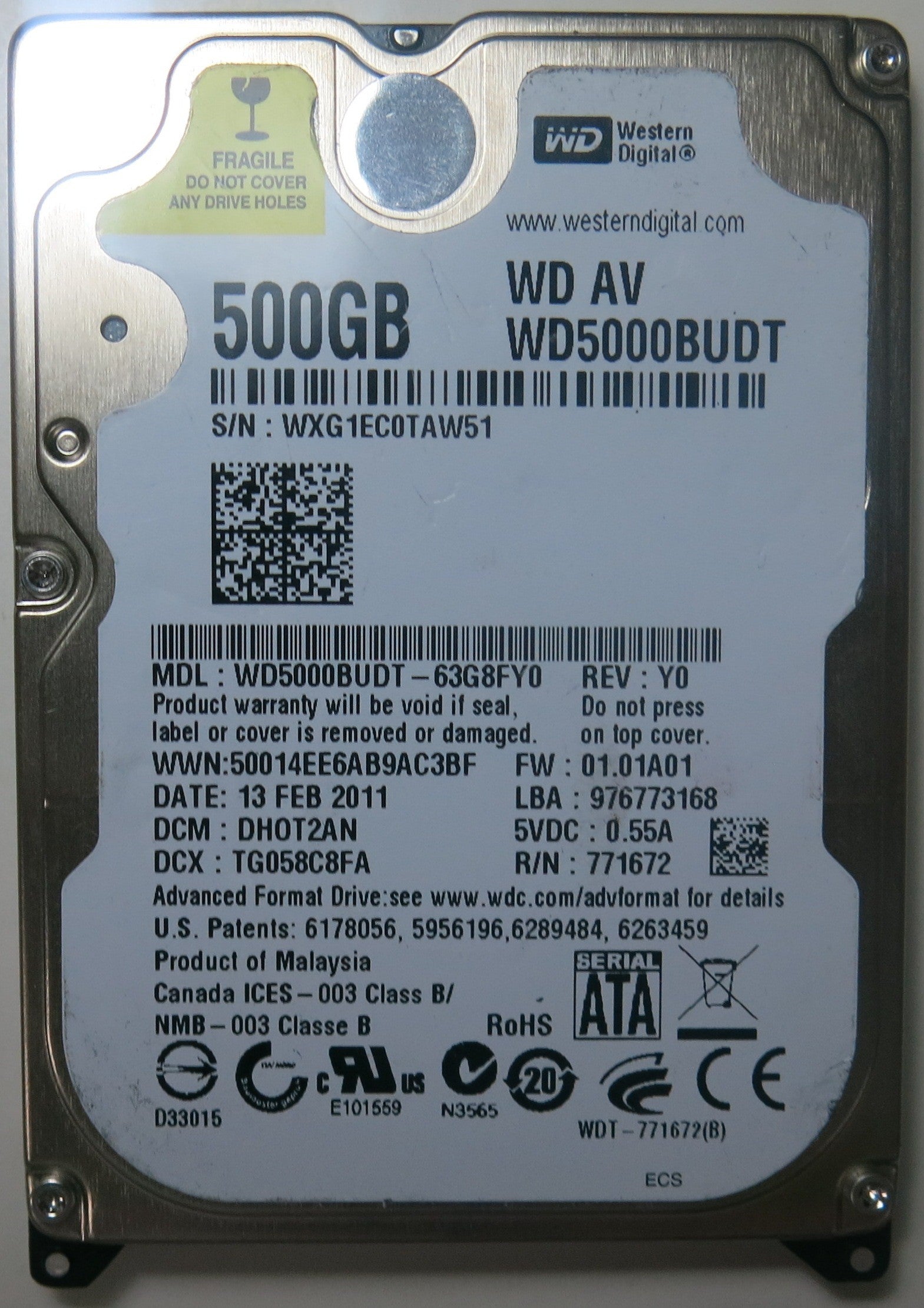 WD5000BUDT-63G8FY0, DCM DAOTJHN, 2060-771672-004 REV A PCB