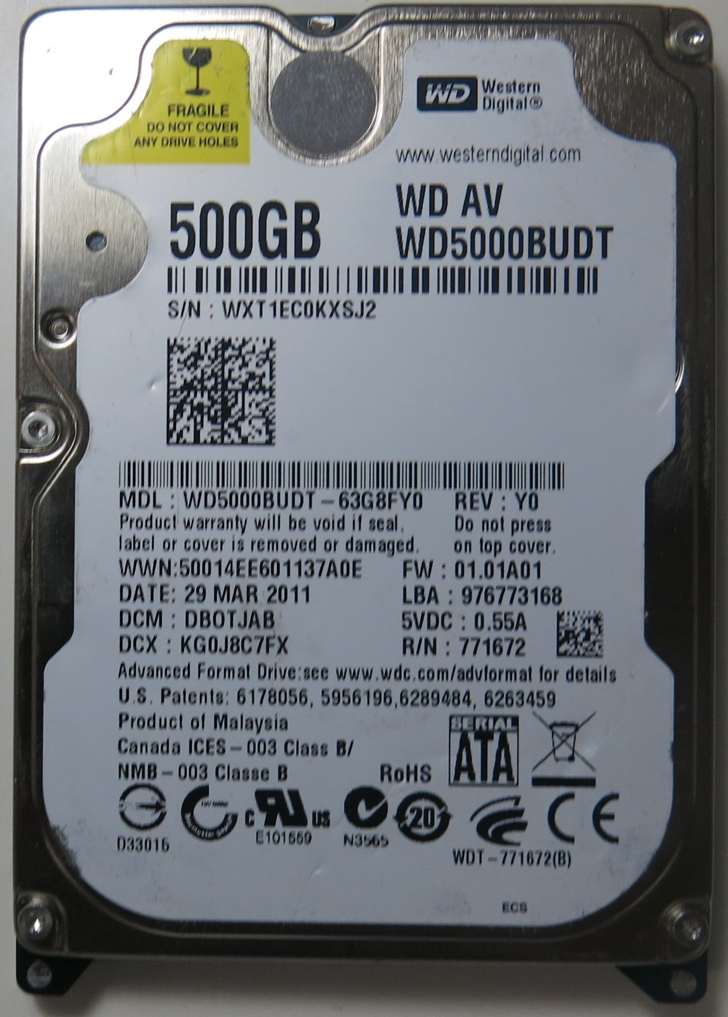 WD5000BUDT-63G8FY0, DCM  DB0TJAB, 2060-771672-004 REV A PCB