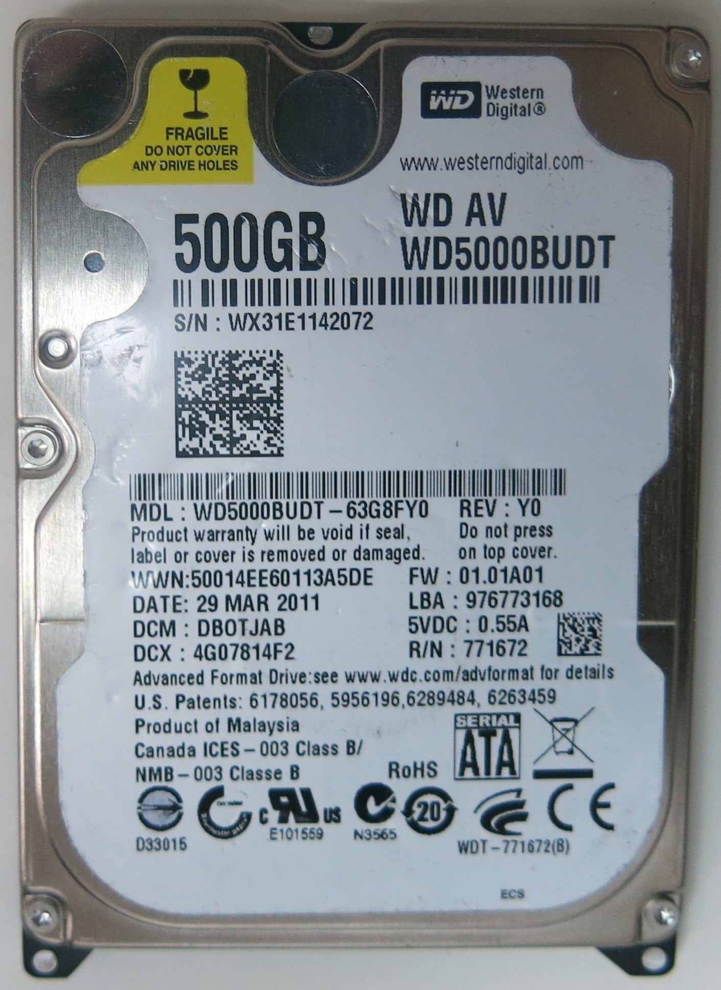 WD5000BUDT-63G8FY0, DCM DBOTJAB, 2060-771672-004 REV A PCB