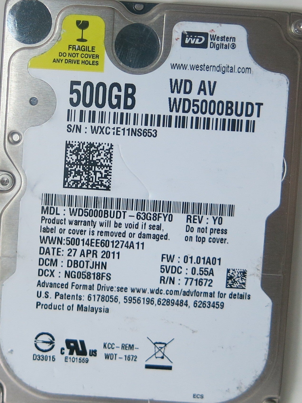 WD5000BUDT-63G8FY0, DCM  DBOTJHN, 2060-771675-004 REV A PCB