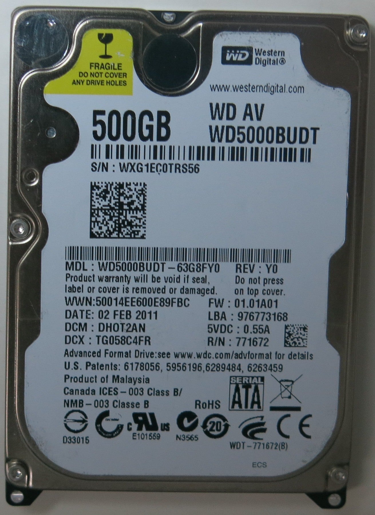 WD5000BUDT-63G8FY0, DCM  DHOT2AN, 2060-771672-004 REV A PCB