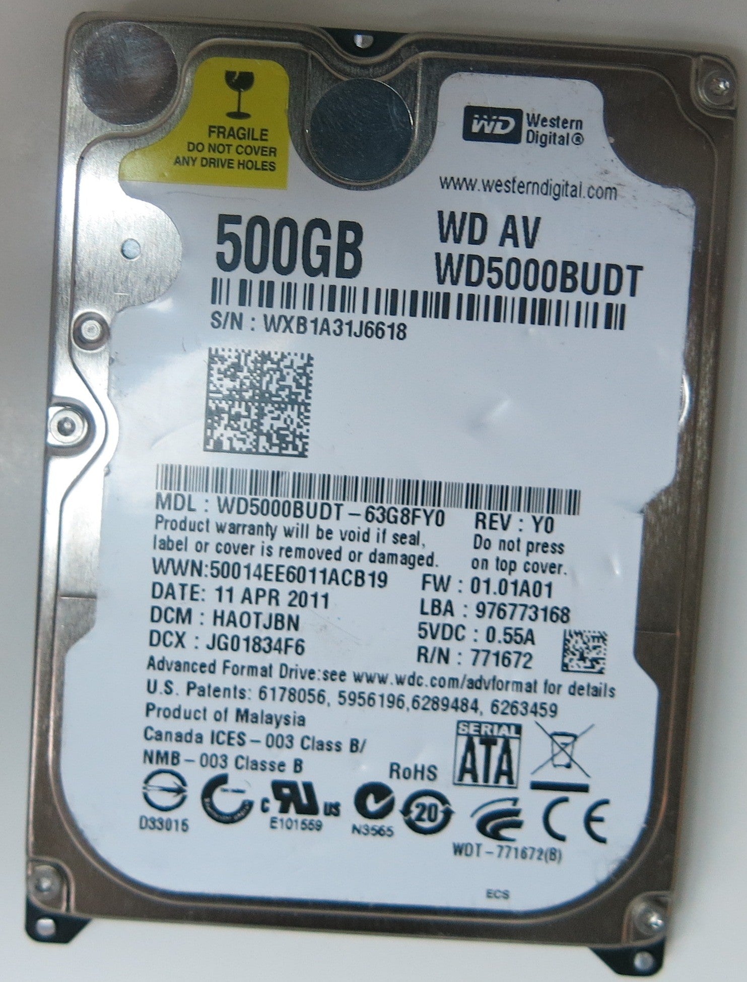 WD5000BUDT-63G8FY0, DCM HA0TJBN, 2060-771672-004 REV A PCB