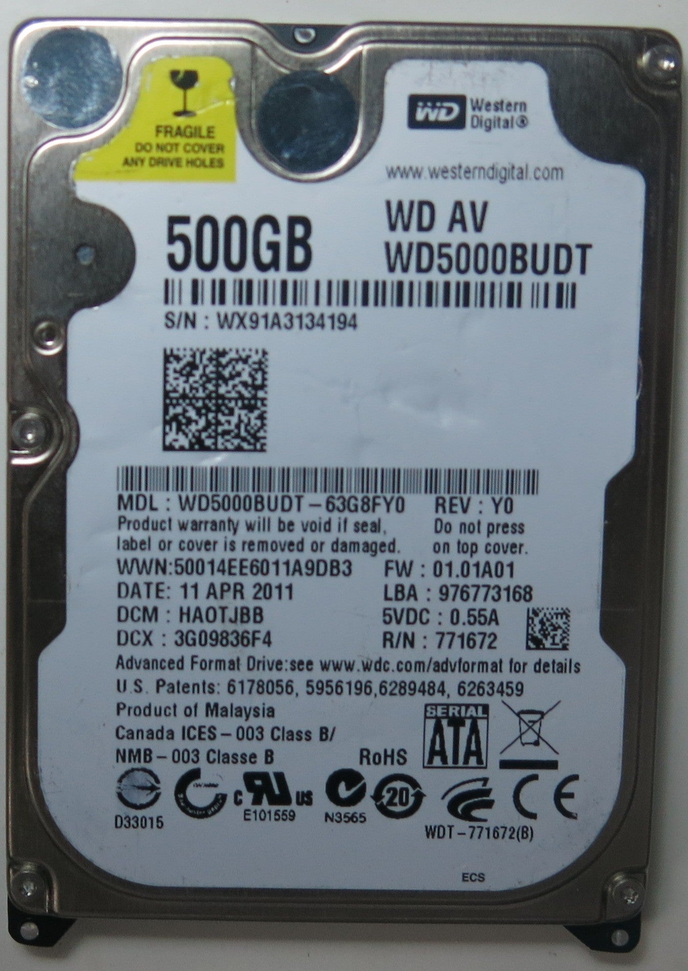 WD5000BUDT-63G8FY0, DCM  HA0TLBB, 2060-771672-004 REV A PCB