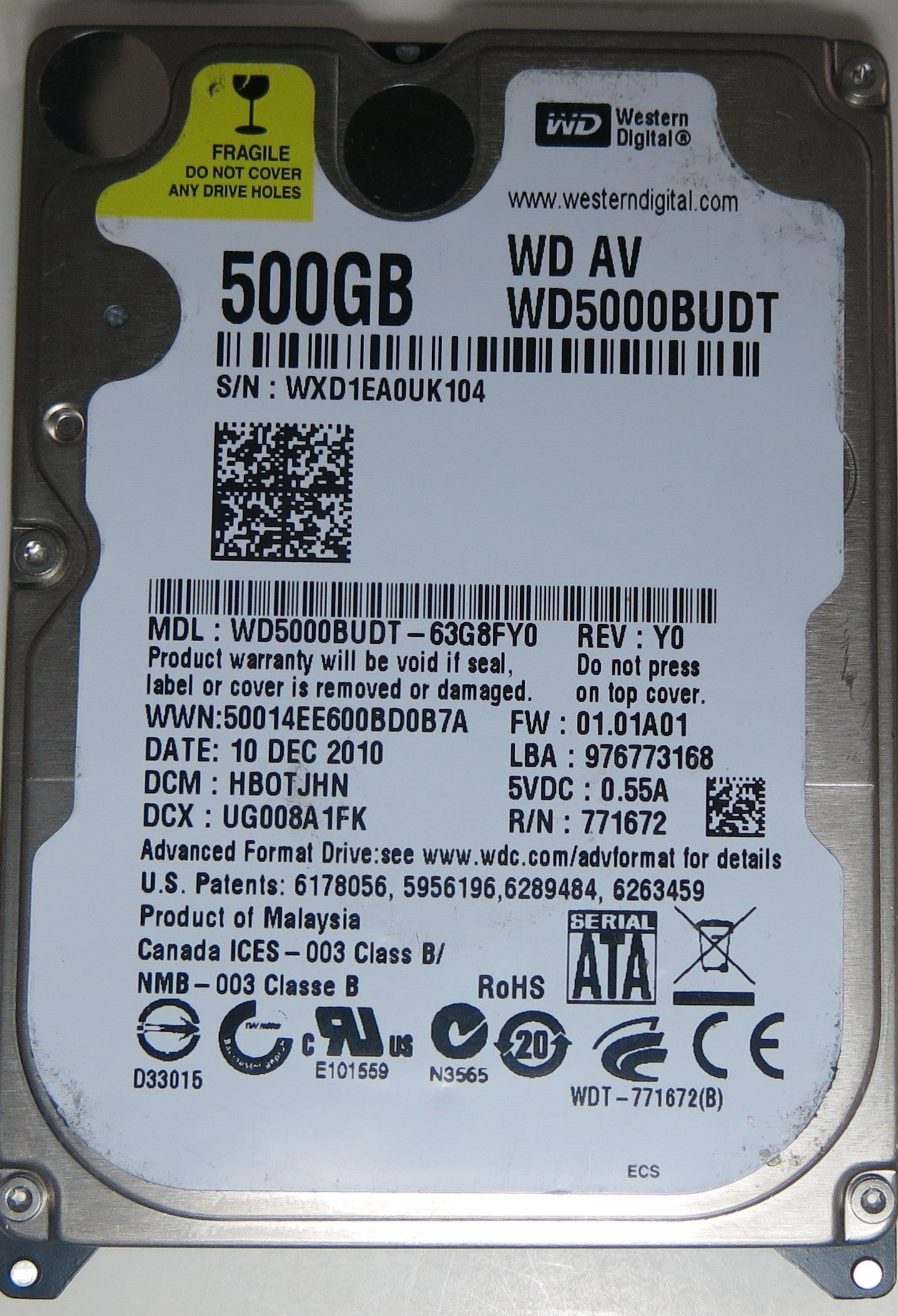 WD5000BUDT-63G8FY0, DCM  HBOTJHB, 2060-771672-004 REV A PCB