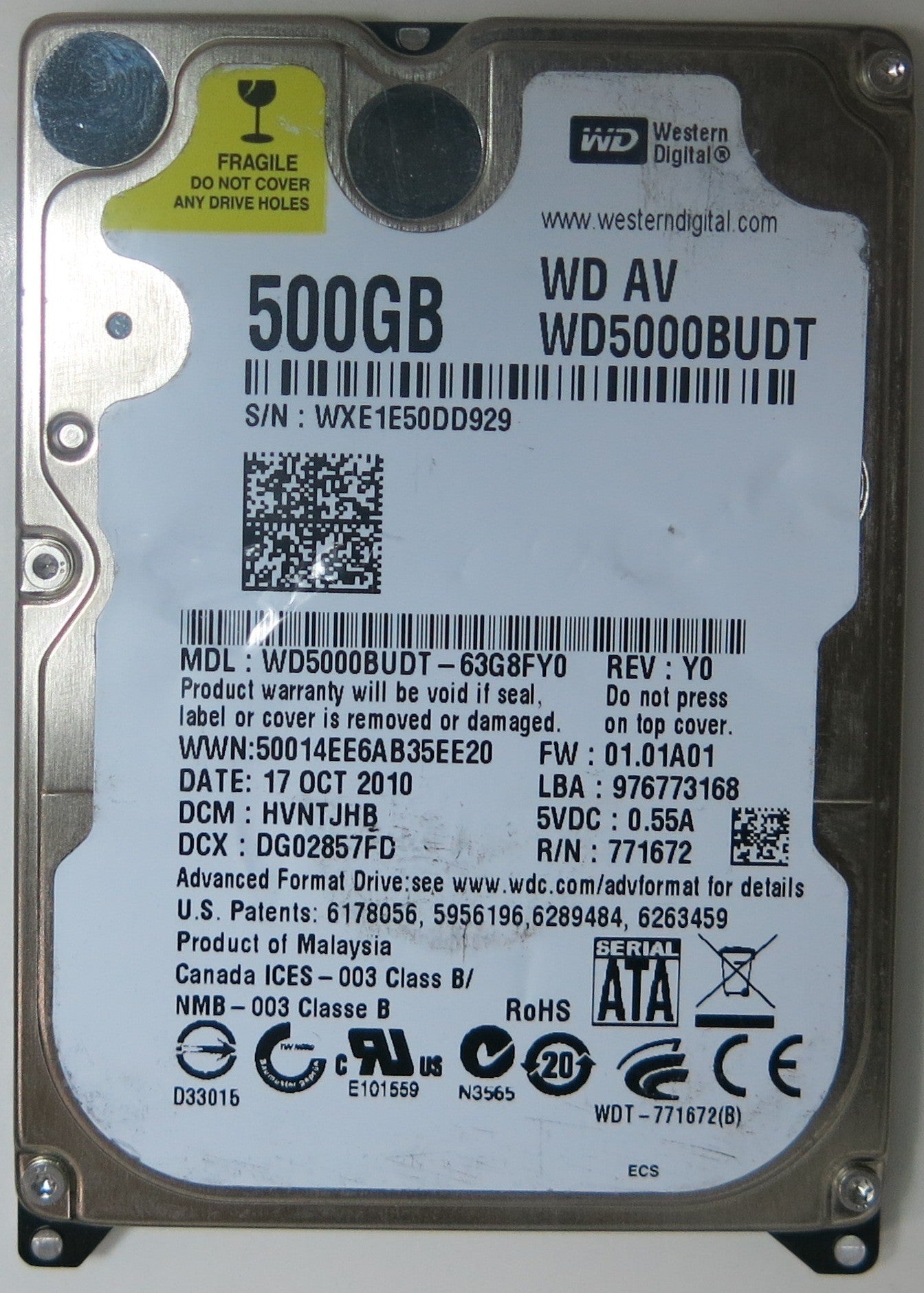 WD5000BUDT-63G8FY0, DCM  HVNTJHB, 2060-771672-004 REV A PCB