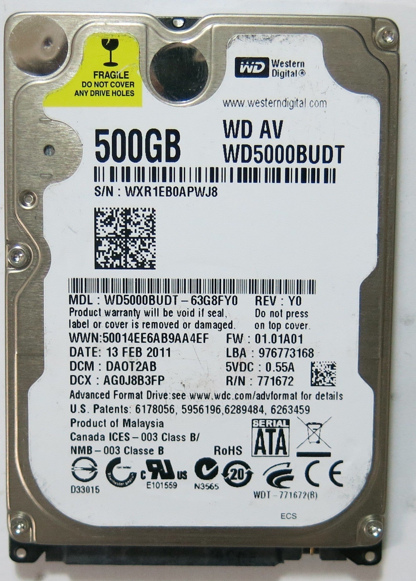 WD5000BUDT-63G8FY0 PN FW DA0T2AB 500GB