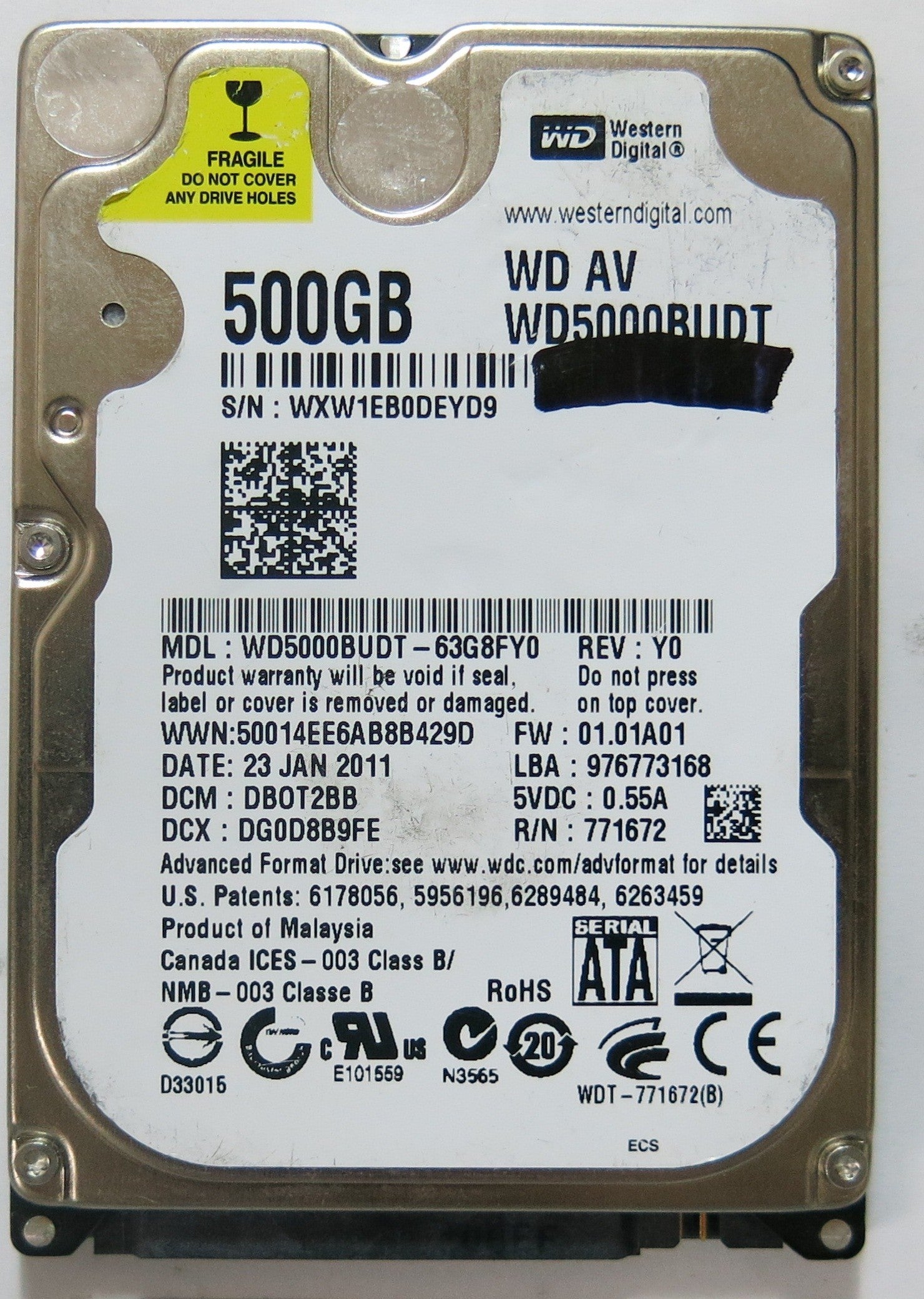 WD5000BUDT-63G8FY0 PN FW DB0T2BB 500GB