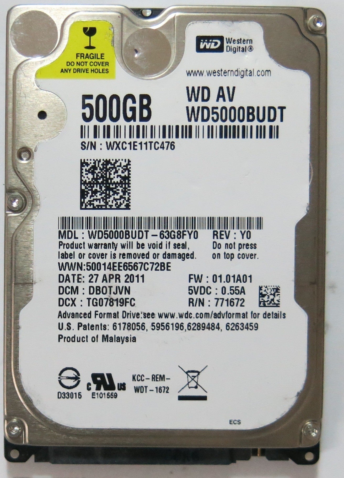 WD5000BUDT-63G8FY0 PN FW DB0TJVN 500GB