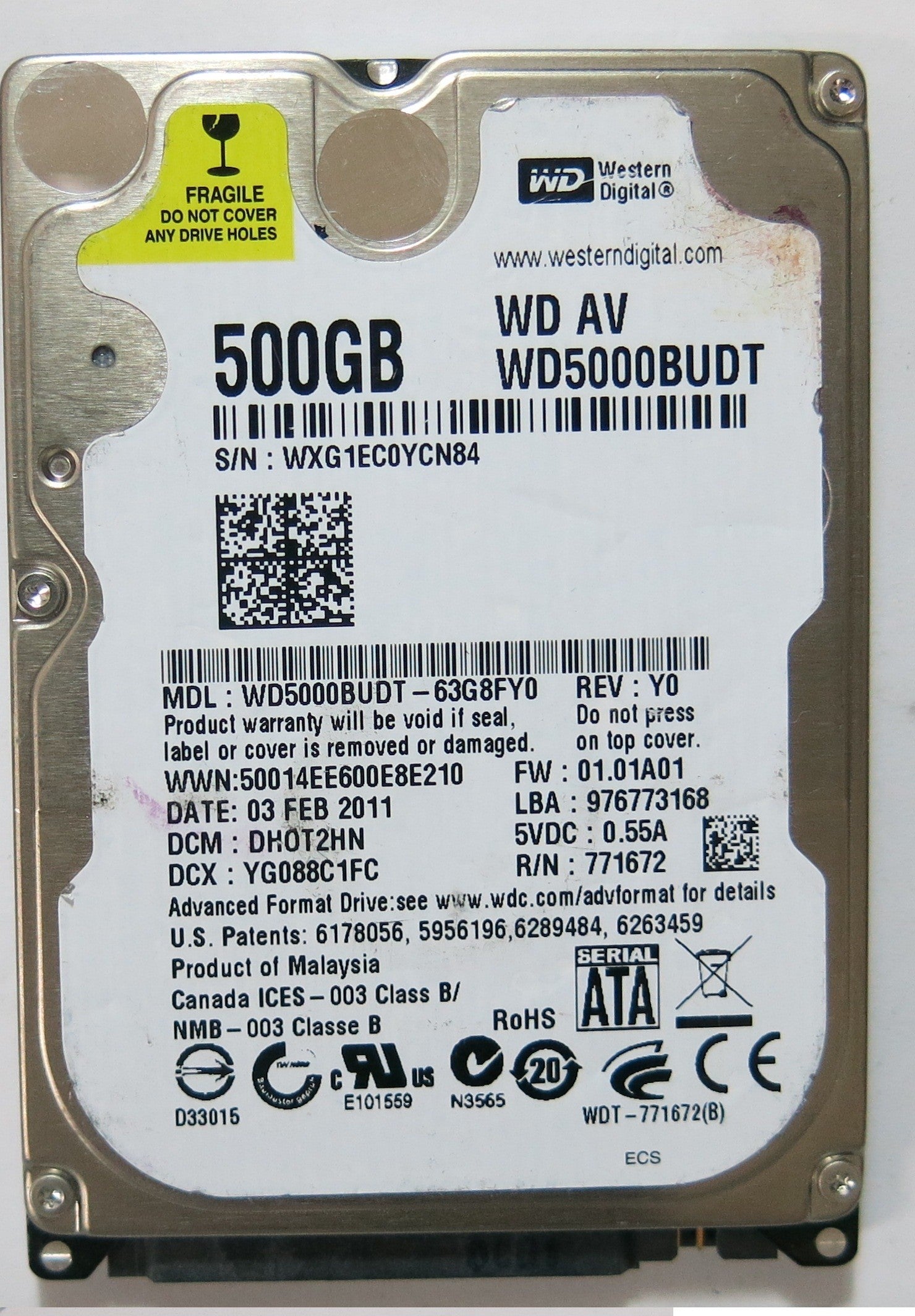 WD5000BUDT-63G8FY0 PN FW DH0T2HN 500GB