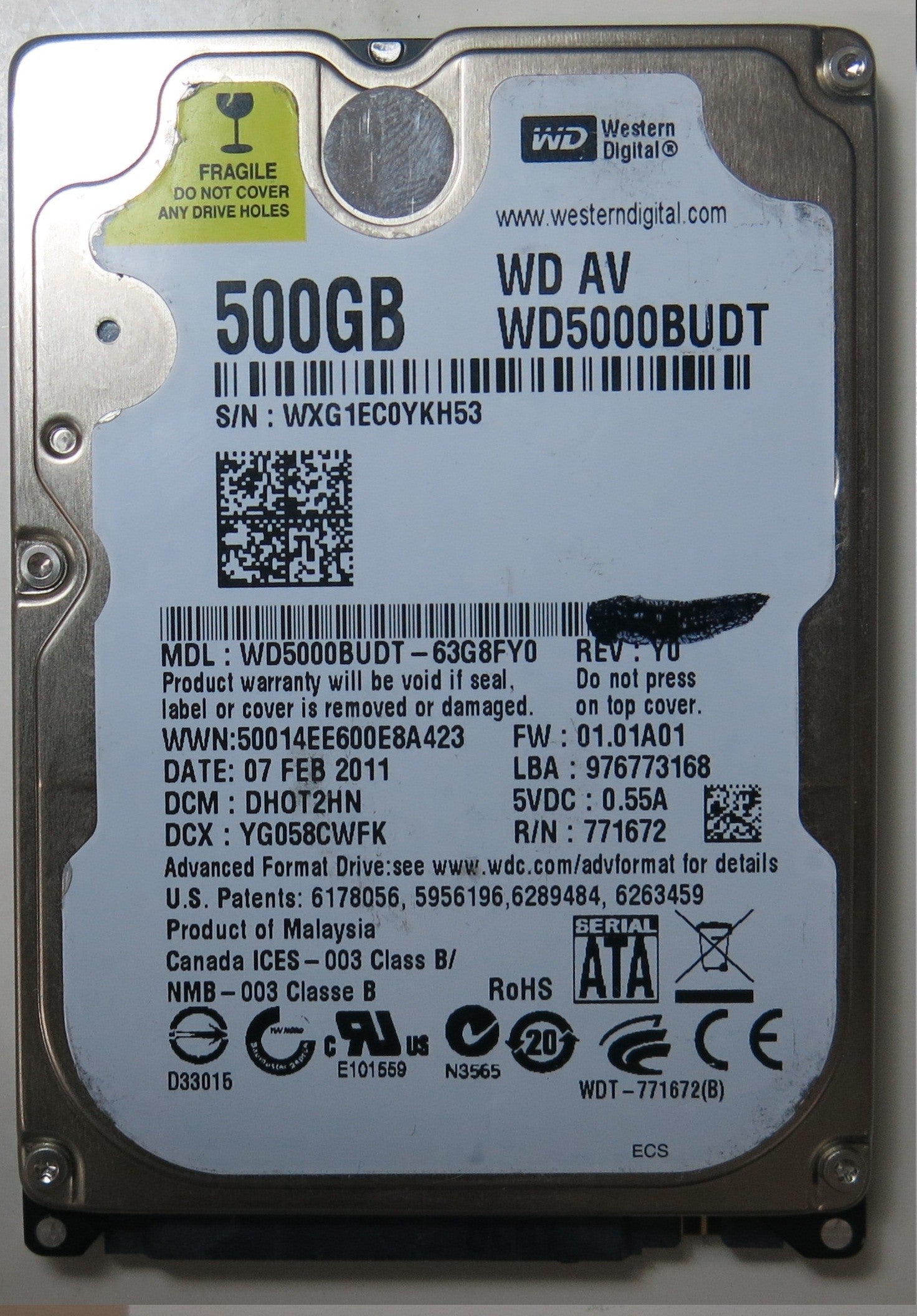 WD5000BUDT-63G8FY0, PCB: 2060-771672-004 REV A, SERIAL NUMBER: WXG1EC0YKH53, FW DHOT2HN, 500GB