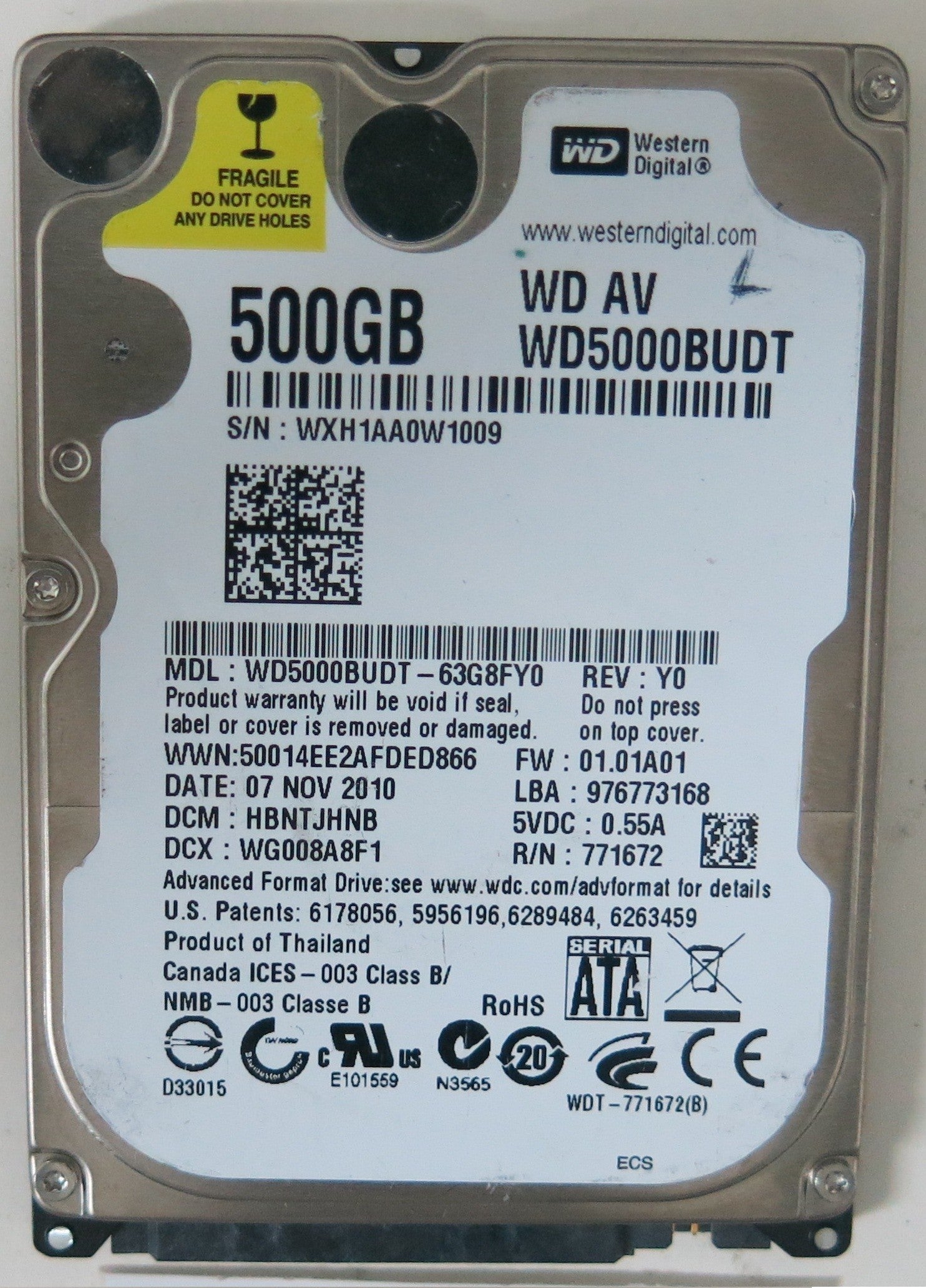 WD5000BUDT-63G8FY0, PCB: 2060-771692-005 REV A, SERIAL NUMBER: WXH1AA0W1009, FW HBNTJHNB, 500GB