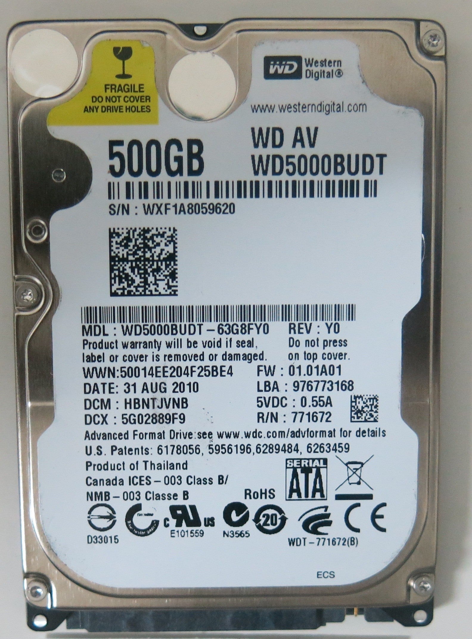WD5000BUDT-63G8FY0, PCB: 2060-771672-004 REV A, SERIAL NUMBER: WXF1A8059620, FW HBNTJVNB, 500 GB