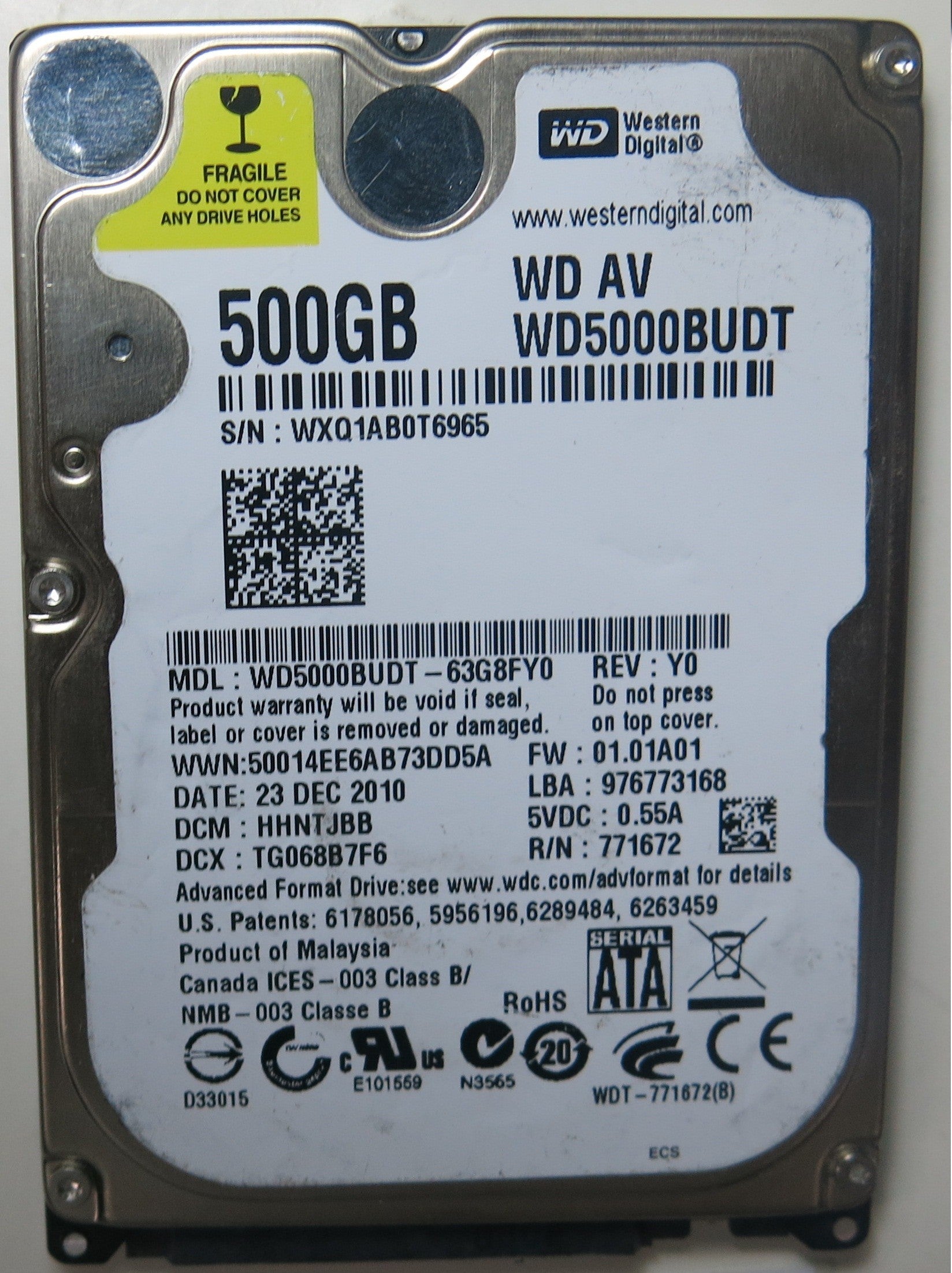 WD5000BUDT-63G8FY0 PCB: 2060-771672-004 REV A SERIAL NUMBER: WXQ1AB0T6965 FW HHNTJBB 500 GB