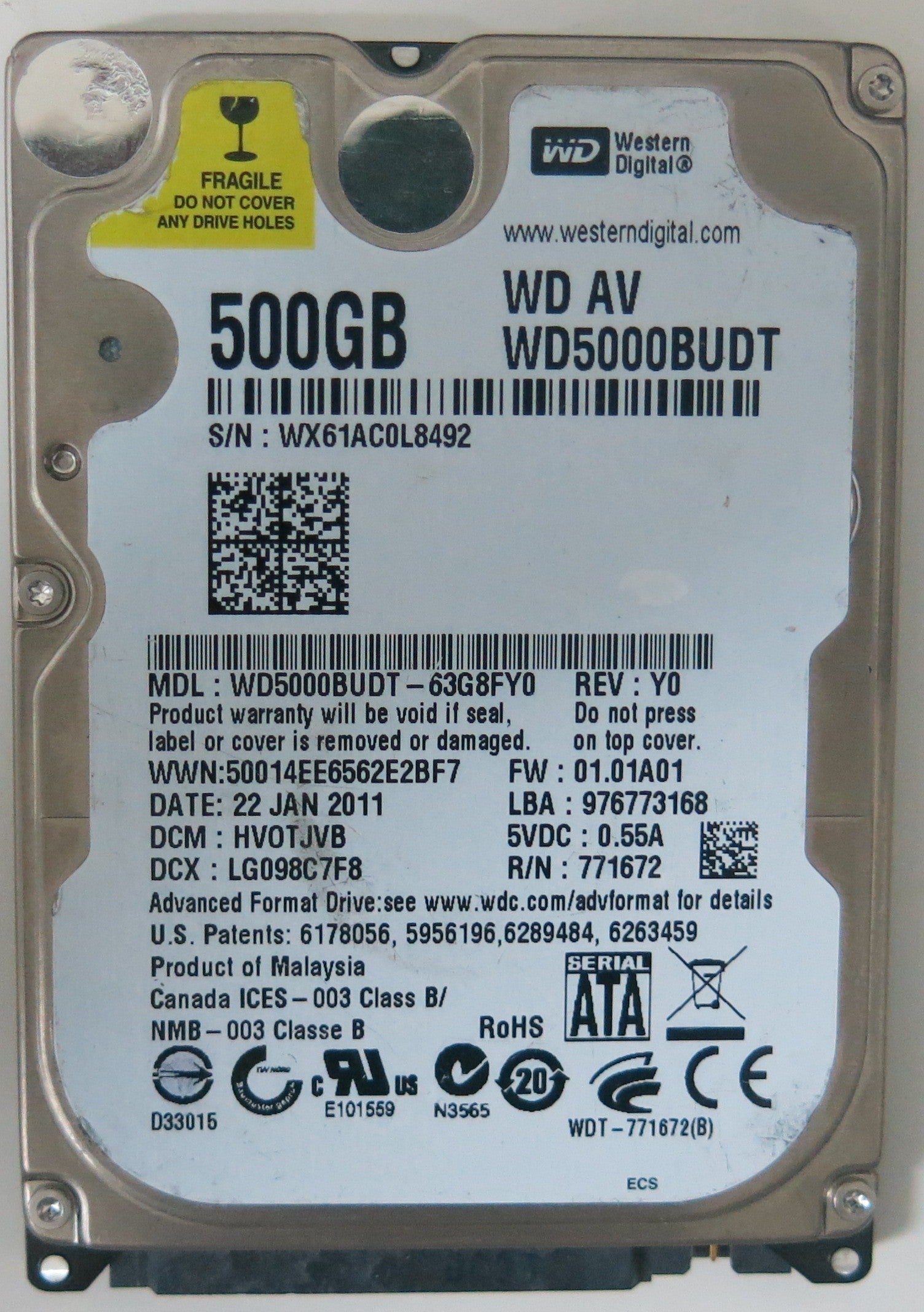 WD5000BUDT-63G8FY0, PCB: 2060-771672-004 REV A, SERIAL NUMBER: WX61AC0L8492, FW HVOTJVB, 500 GB