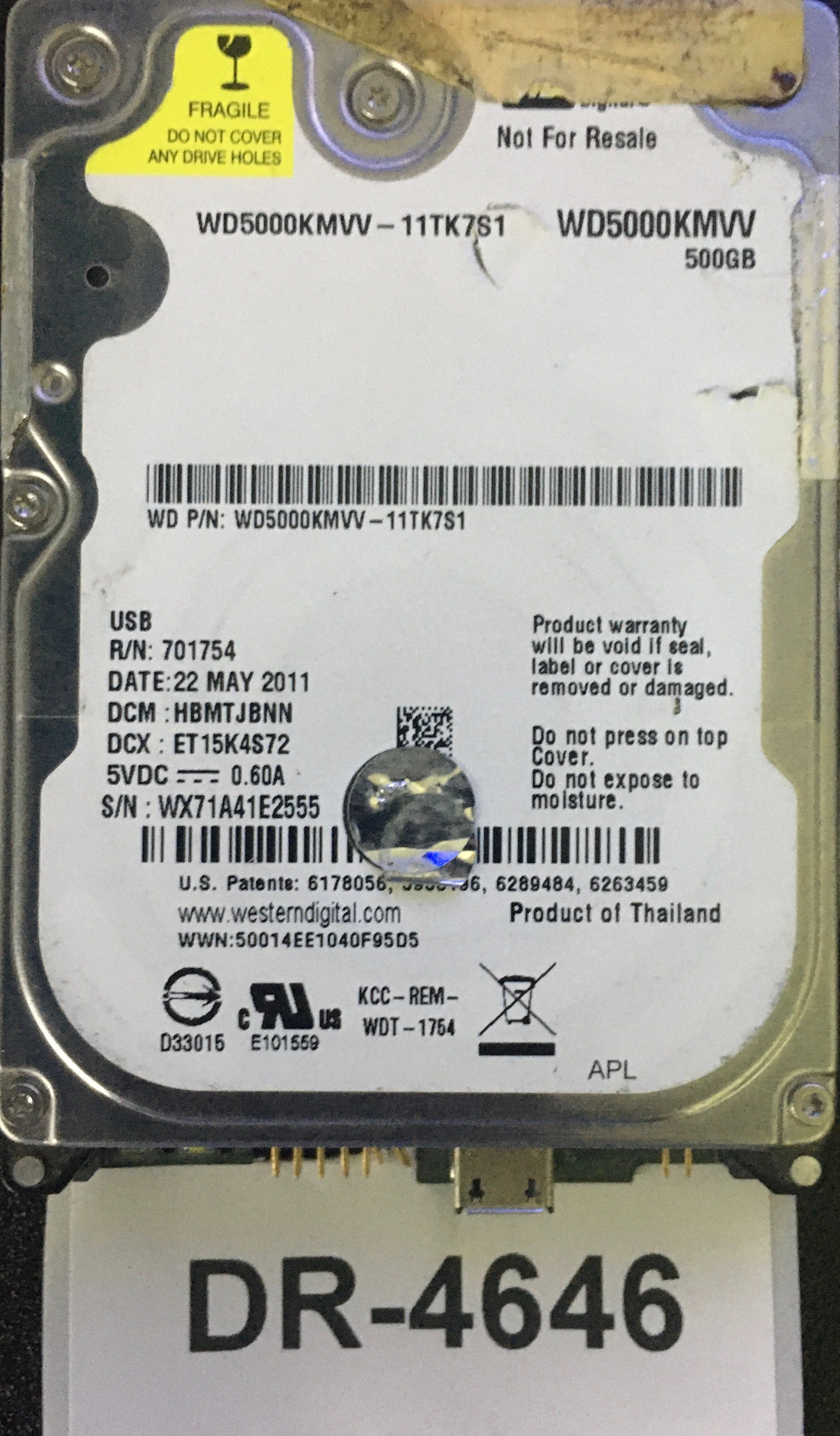 WD5000KMVV,  Serial: WX71A41E2555,  500GB 2.5,  PCB:2060-771754-000- REV A,