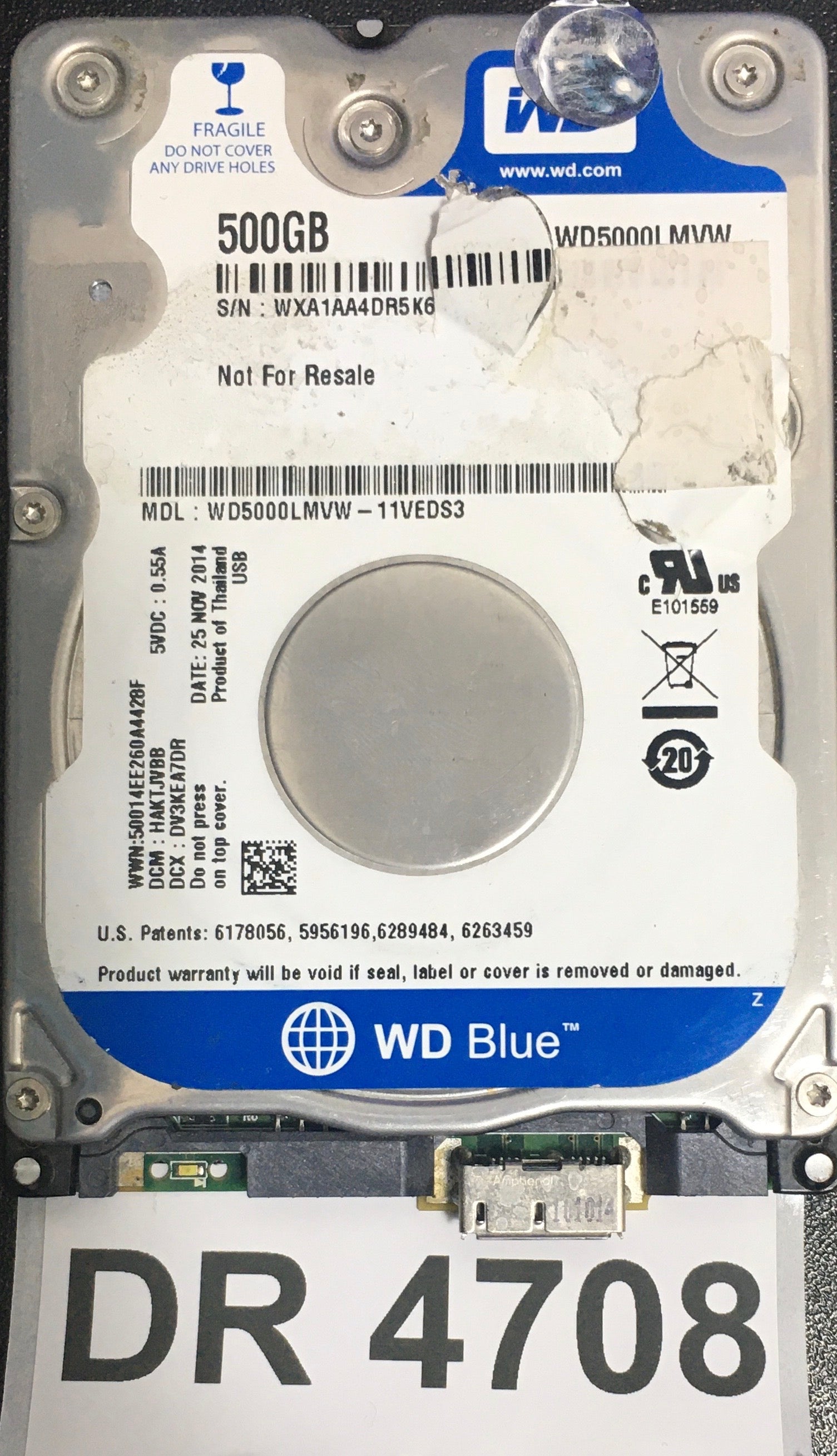WD5000LMVW-11VEDS3,  Serial: WXA1AA4DR5K6,  500GB 2.5,  PCB: 2060-771962-002- REV A,