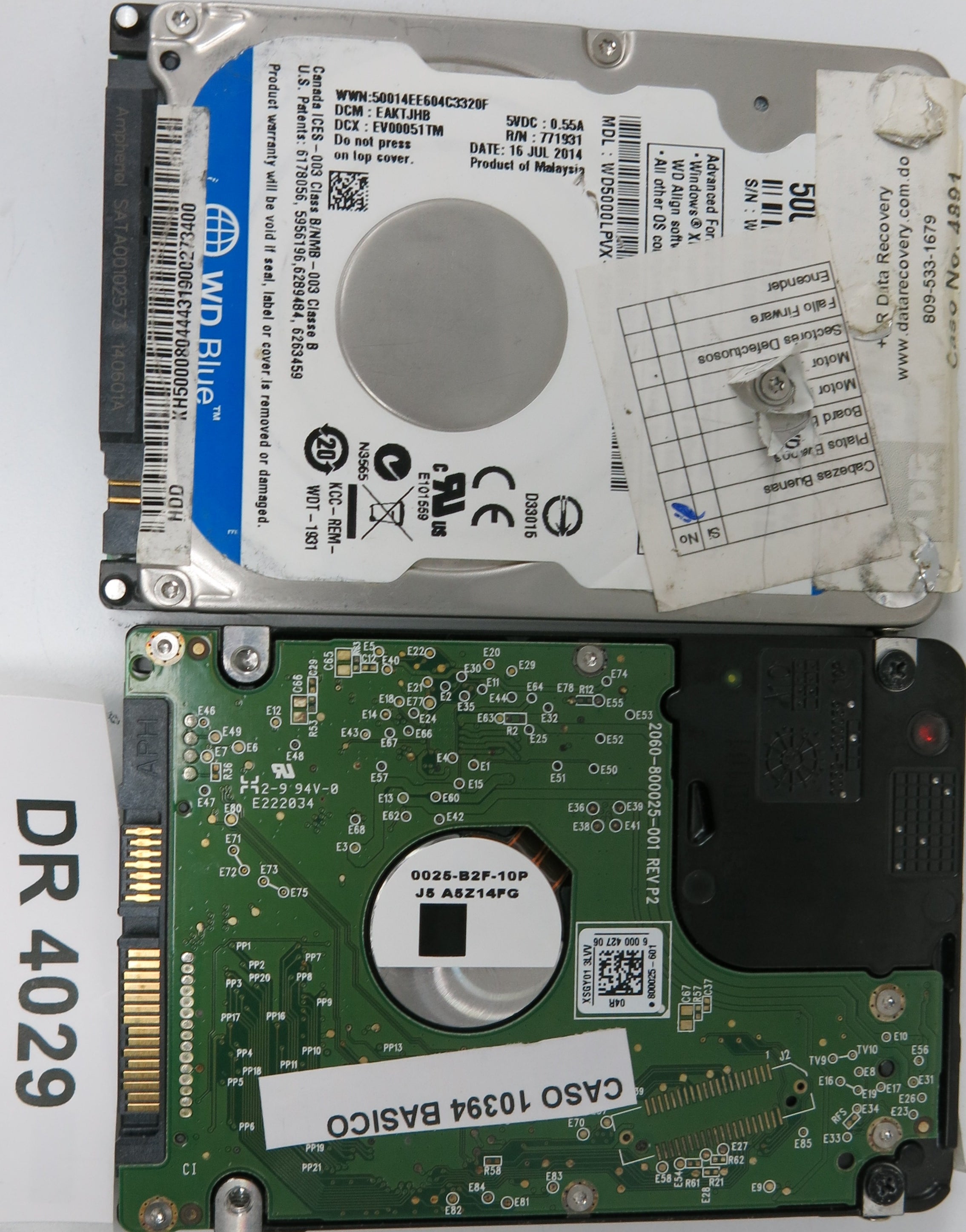 WD5000LPCX-22VHAT0, DCM: EAMT2AB, Serial Number: WXM1E75FWTTX, 500GB 2.5, PCB 2060-800025-001 REV P2