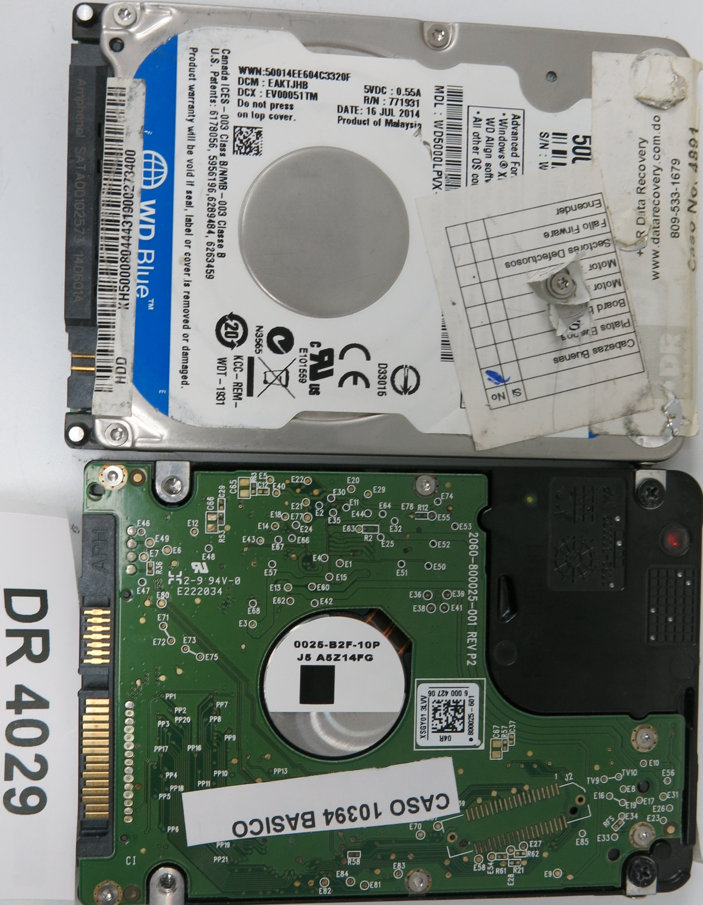 WD5000LPCX-22VHAT0,  DCM: EAMT2AB,  Serial: WXM1E75FWTTX,  500GB 3.5,  PCB 2060-800025-001 REV P2