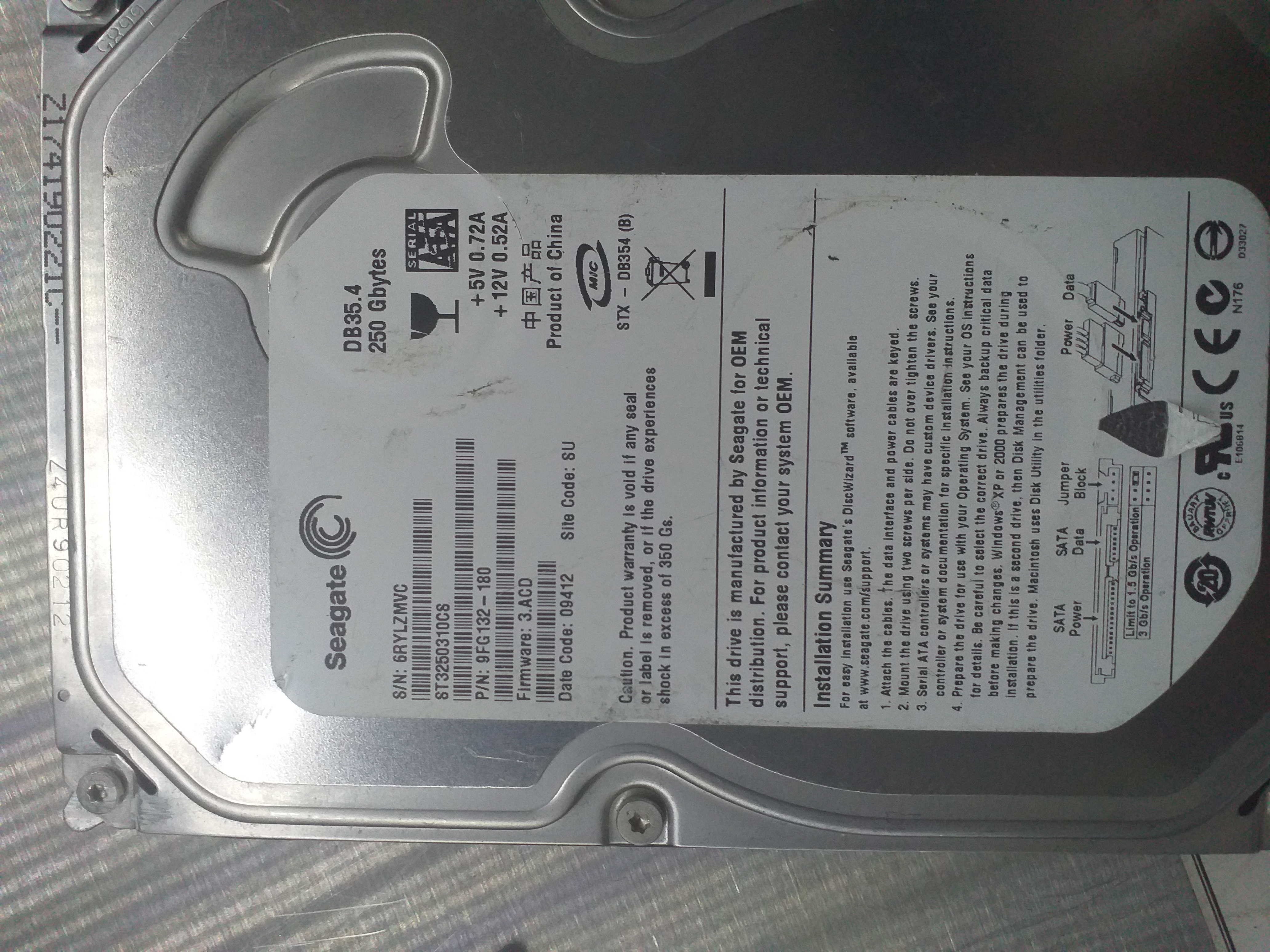 ST3250310CS,  F\W: 3.CD,  Serial: 6RYLZMVC,  250GB 3.5,  PCB: 100468303 REV A