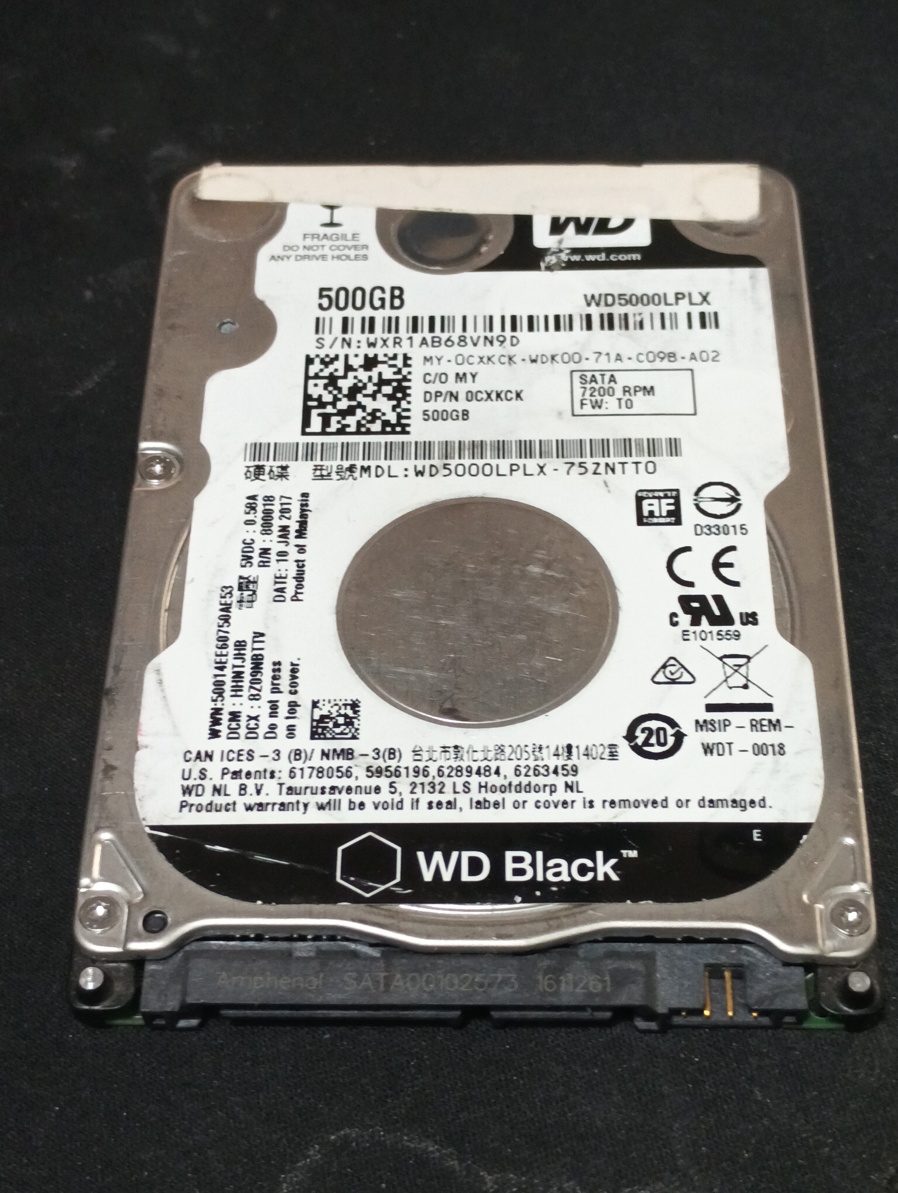 WD5000LPLX-75ZNTT0,  P/N: 0CXKCK,  FW: T0,  Serial: WXR1AB68VN9D,  500GB 2.5  PCB :2060-800018-001 REV P1,