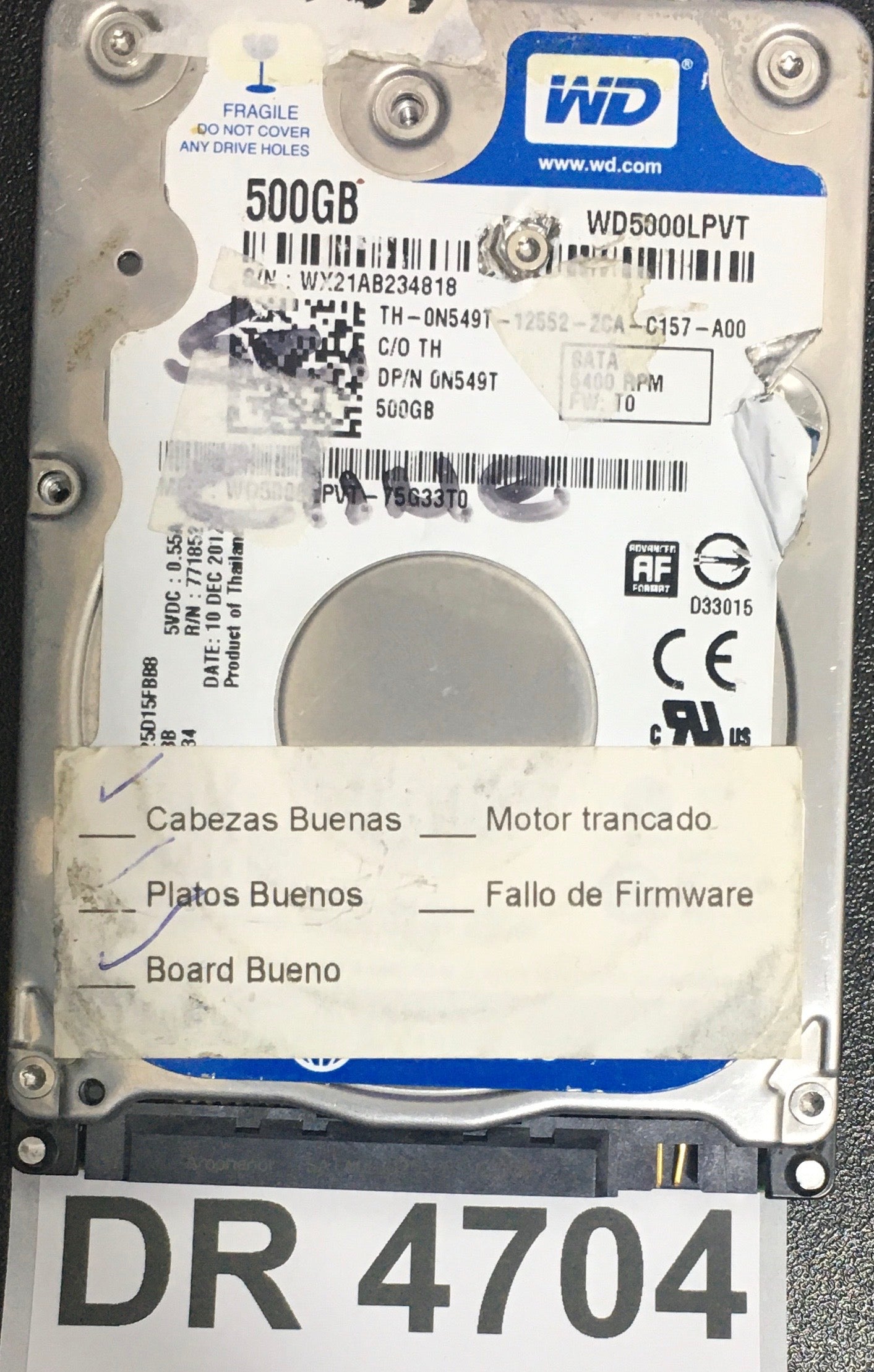 WD5000LPVT,  Serial: WX21AB234818,  500GB 2.5,  PCB:2060-771852-001- REV A,