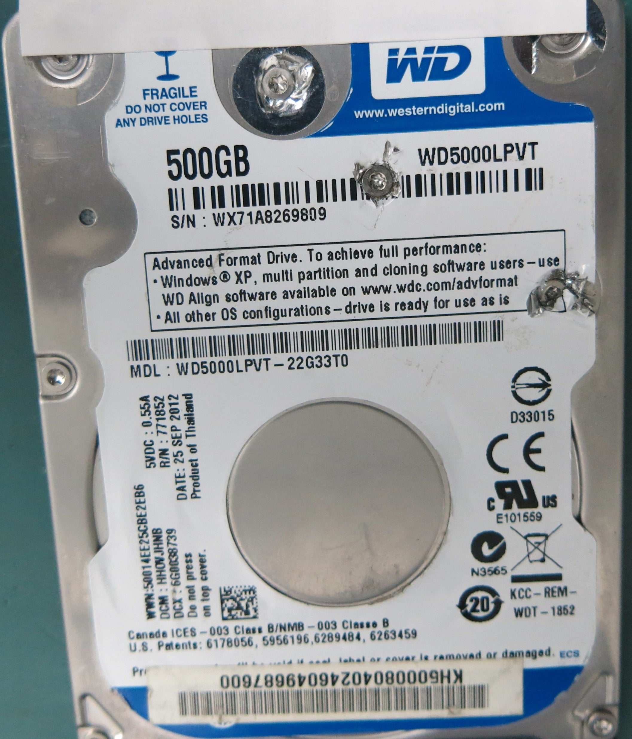 WD5000LPVT22G33T0, DCM 6G0038739, 500GB 2.5