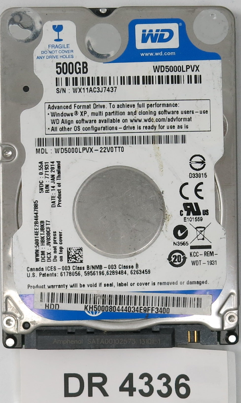 WD5000LPVX-22V0TT0, DCM: HBXTJBKB,  Serial: WX11AC3J7437,  500GB 3.5,  PCB 2060-771959-000 REV A