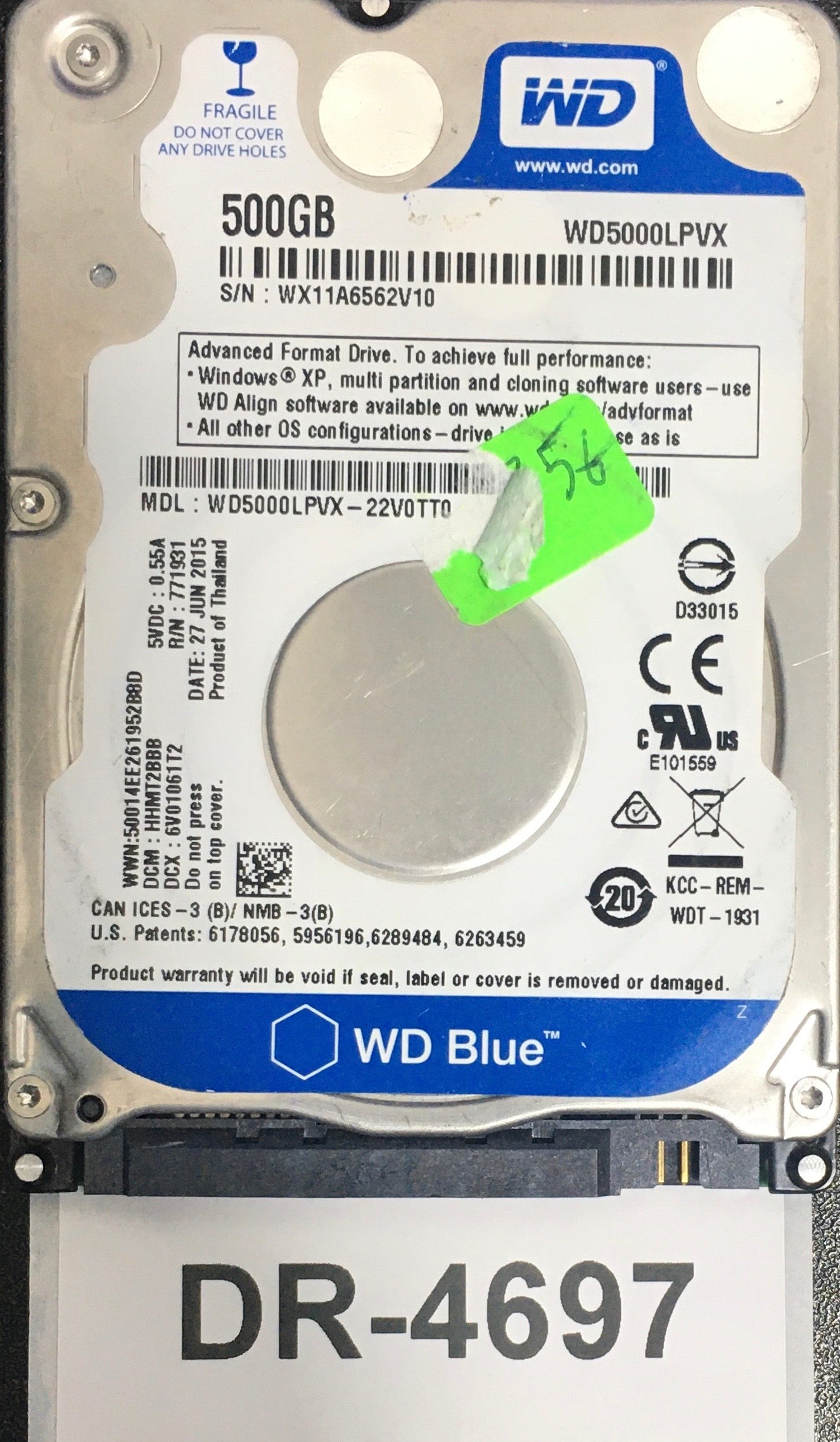 WD5000LPVX-22V0TT0,  Serial: WX11A6562V10,  500GB 2.5,  PCB: 2060-771959-000- REV A,