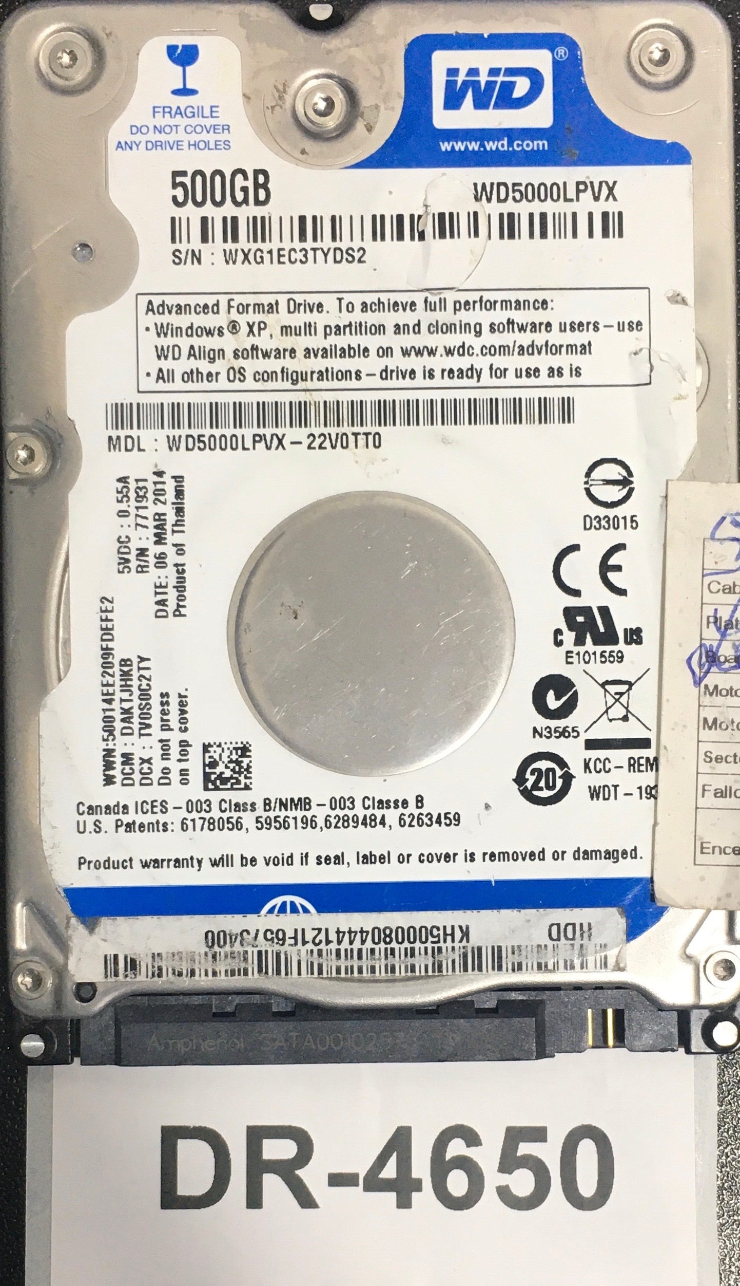 WD5000LPVX-22V0TT0,  Serial: WXG1EC3TYDS2,  500GB 2.5,  PCB:2060-771959-000- REV A,
