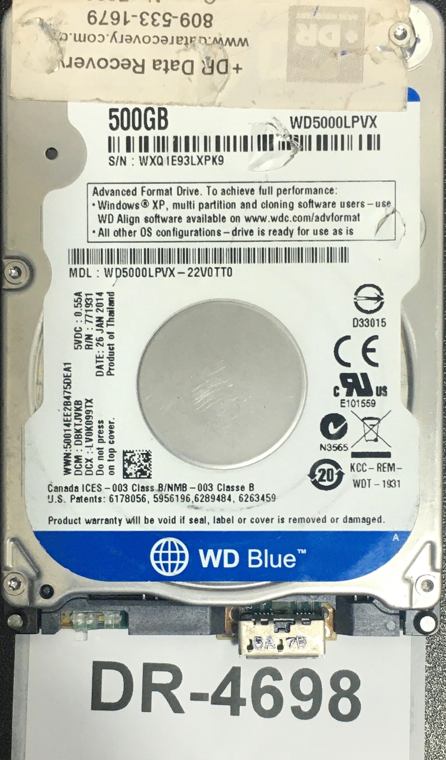 WD5000LPVX-22V0TT0,  Serial: WXQ1E93LXPK9,  500GB 2.5,  PCB: 2060-771962-002- REV A,