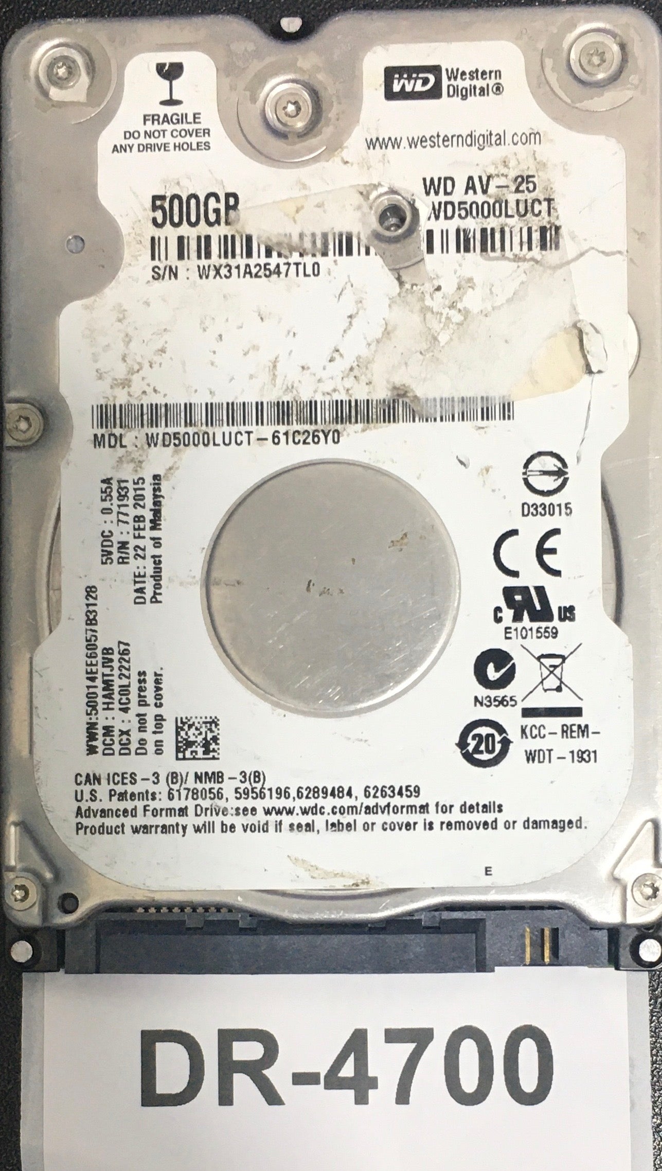 WD5000LUCT-61C26Y0,  Serial: WX31A2547TL0,  500GB 2.5,  PCB: 2060-771959-000- REV A,
