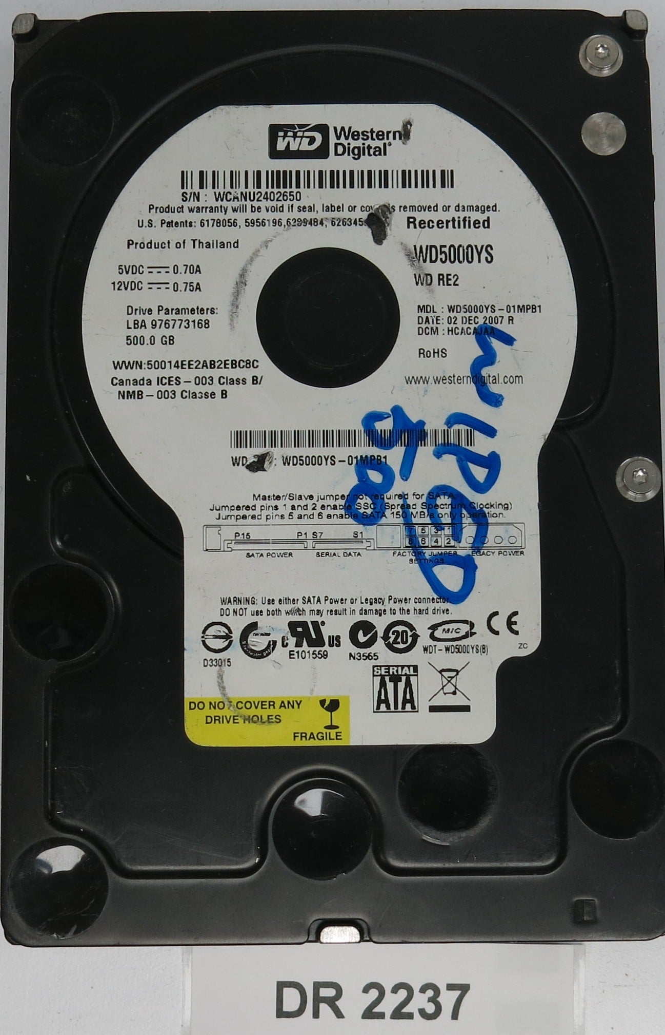 WD5000YS-01MPB1, DCM HCACAJAA, 500GB 3.5, PCB 2060-701383-001 REV A