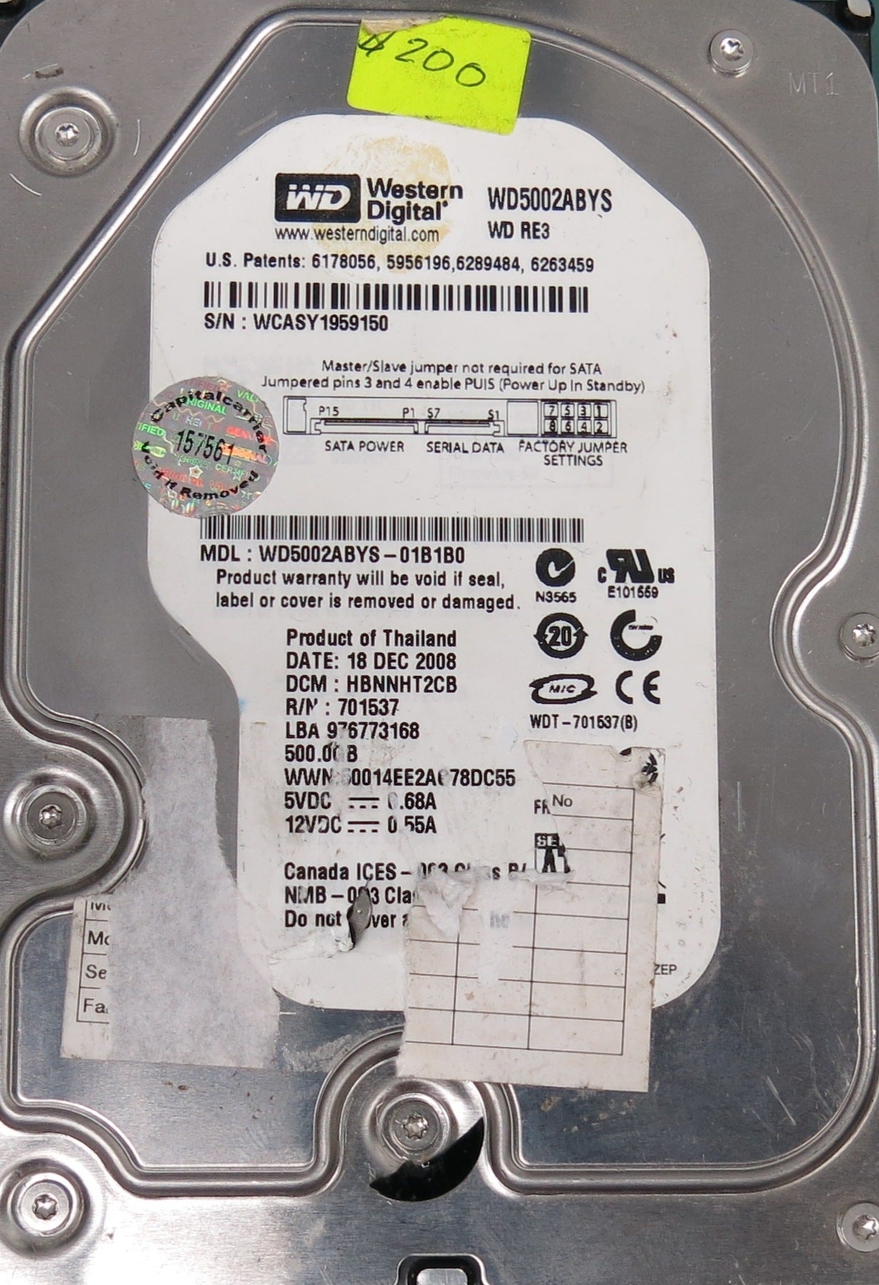 WD5002ABYS-01B1B0, DCM HBNNHT2CB, MAIN CHIP: 88I9045-TFJ2, 500GB 3.5