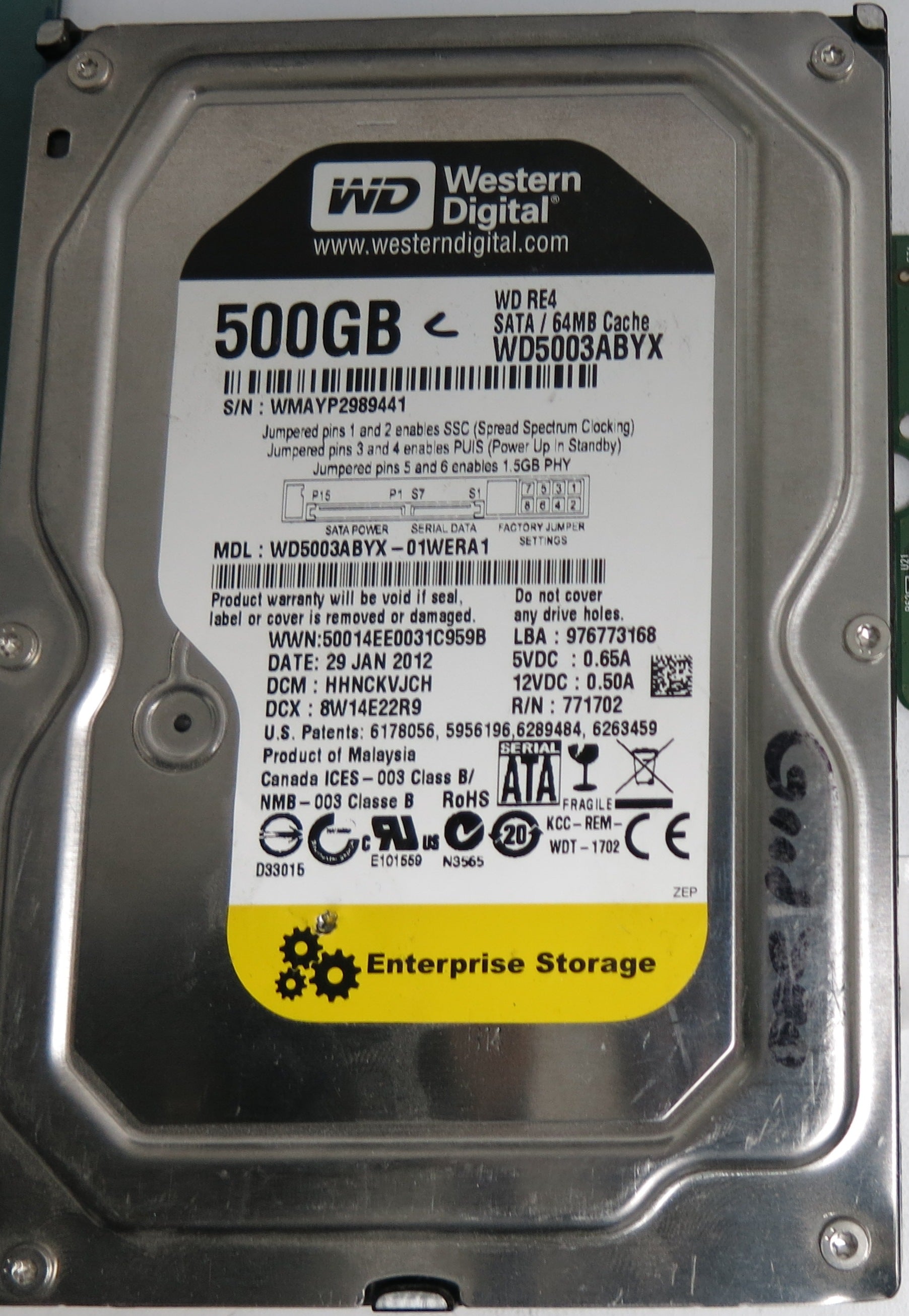 WD5003ABYX-01WERA1, DCM HHNCKVJCH, 500GB 3.5, PCB 2060-771702-001 REV A