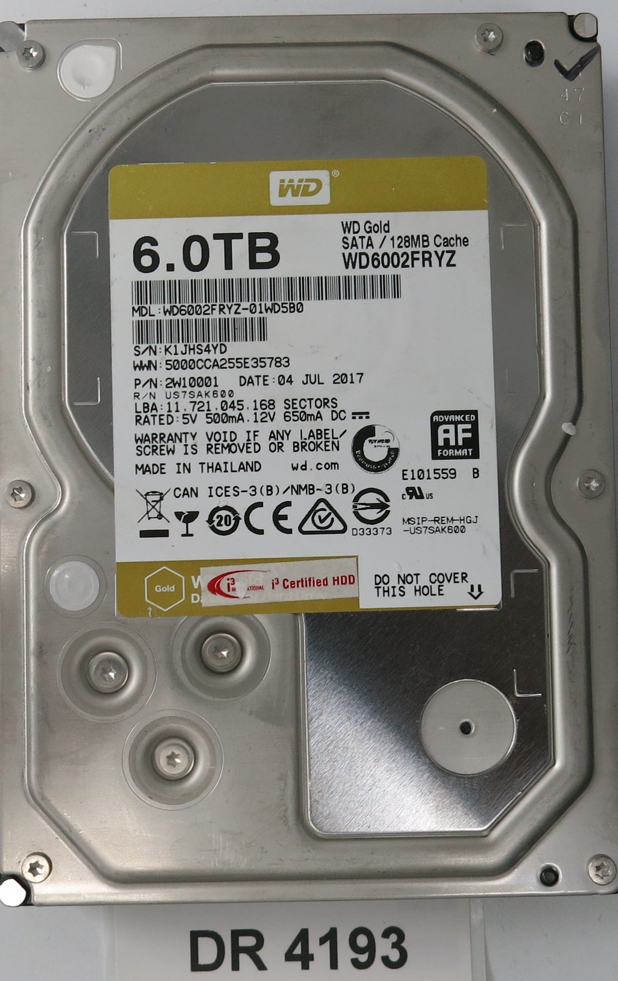 WD6002FRY-01WD5B0,  Serial: K1JHS4YD,  6.0TB 3.5,  PCB 2060-006-0A90641 REV A