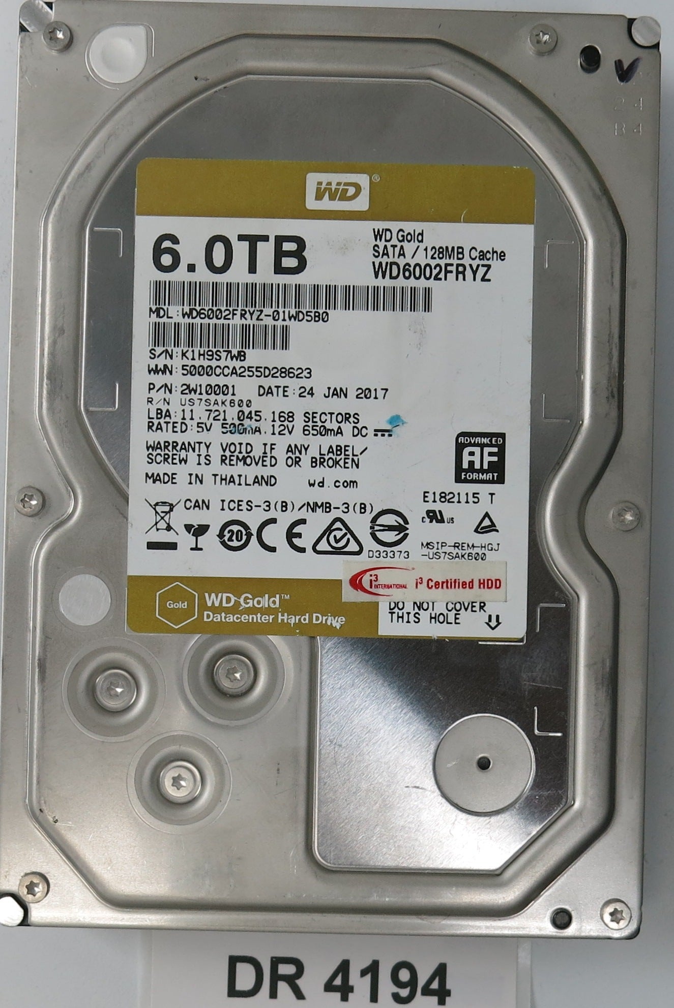 WD6002FRYZ-01WD5B0,  Serial: K1H9S7WB,  6.0TB 3.5,  PCB 2060-006-0A90446 REV A