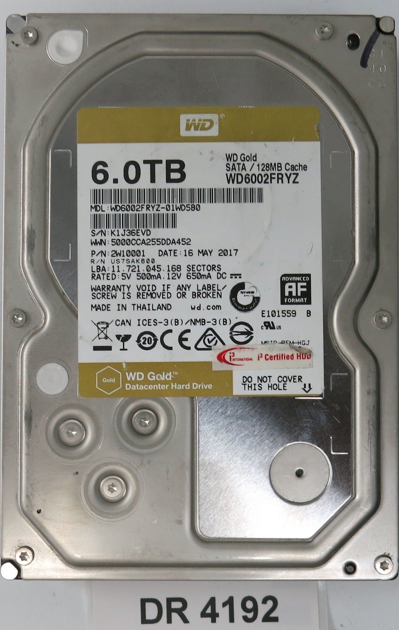 WD6002FRYZ-01WD5B0,  Serial: K1J36EVD,  6.0TB 3.5,  PCB 2060-006-0A90641 REV A