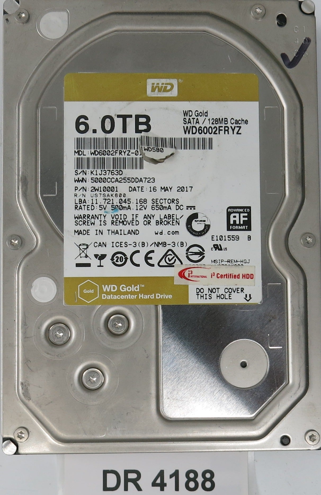 WD6002FRYZ-01WD5B0,  Serial: K1J3763D,  6.0TB 3.5,  PCB 2060-006-0A90641 REV A
