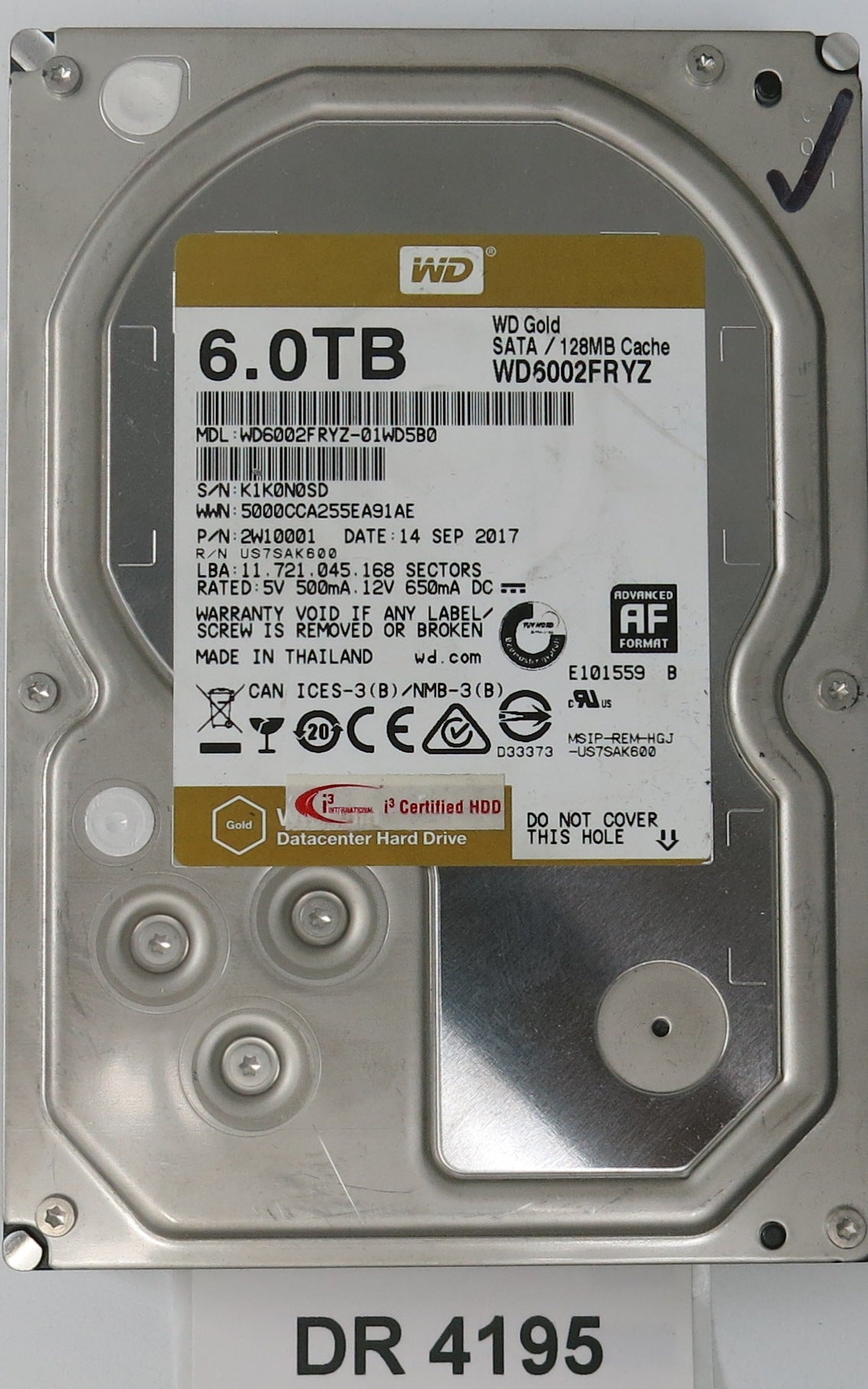 WD6002FRYZ-01WD5B0,  Serial: K1K0N0SD,  6.0TB 3.5,  PCB 2060-006-0A90641 REV A