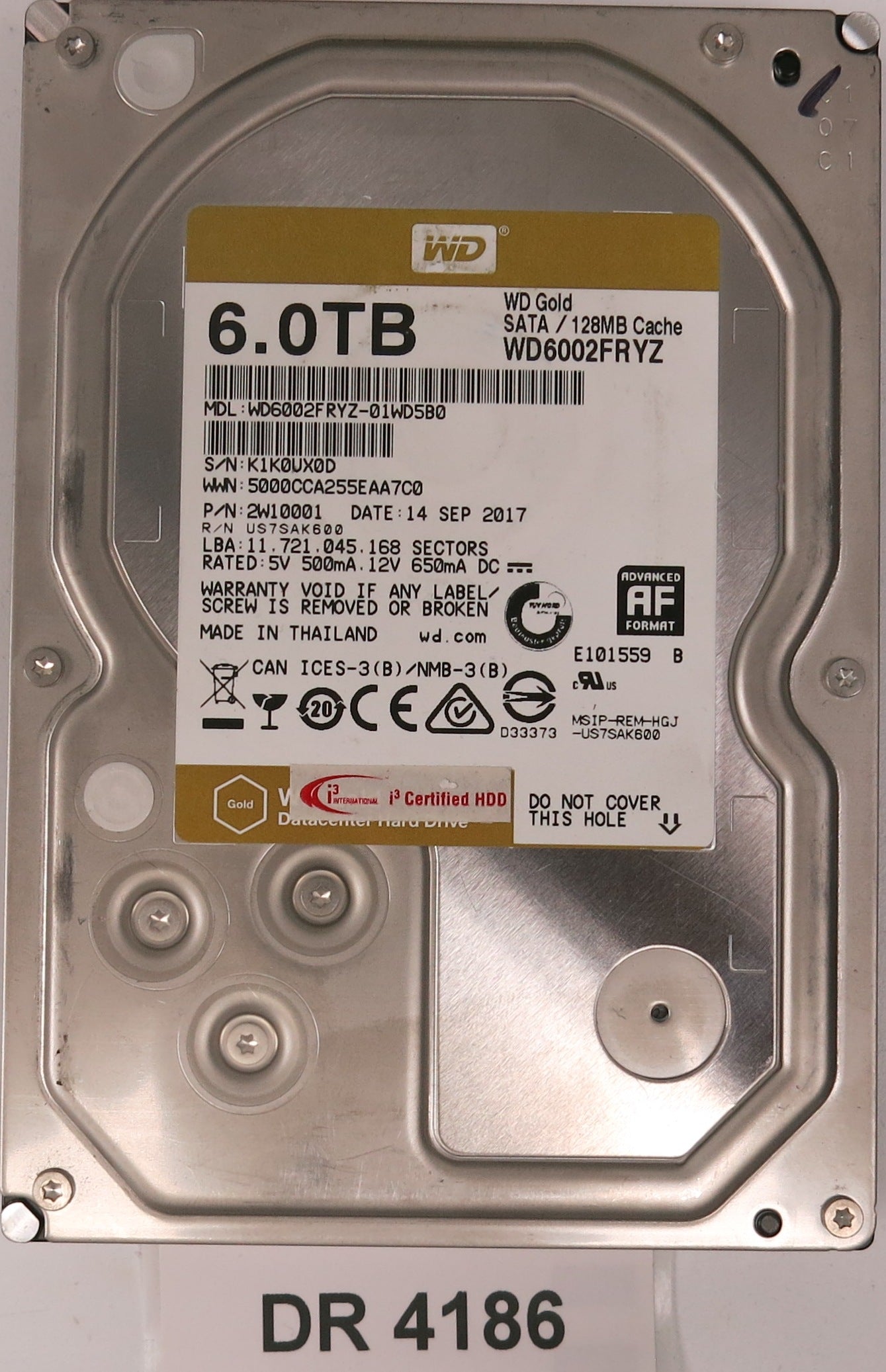 WD6002FRYZ-01WD5B0,  Serial: K1K0UX0D,  6.0TB 3.5,  PCB 2060-006-0A90641 REV A