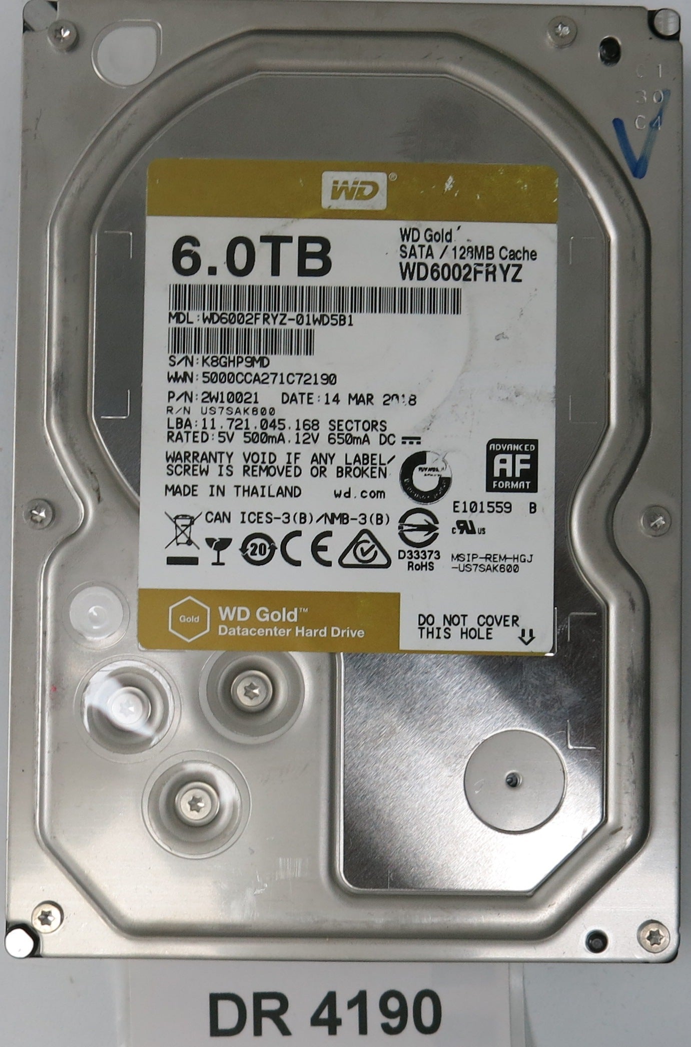 WD6002FRYZ-01WD5B1,  Serial: K8GHP9MD,  6.0TB 3.5,  PCB 2060-006-0A90641 REV A