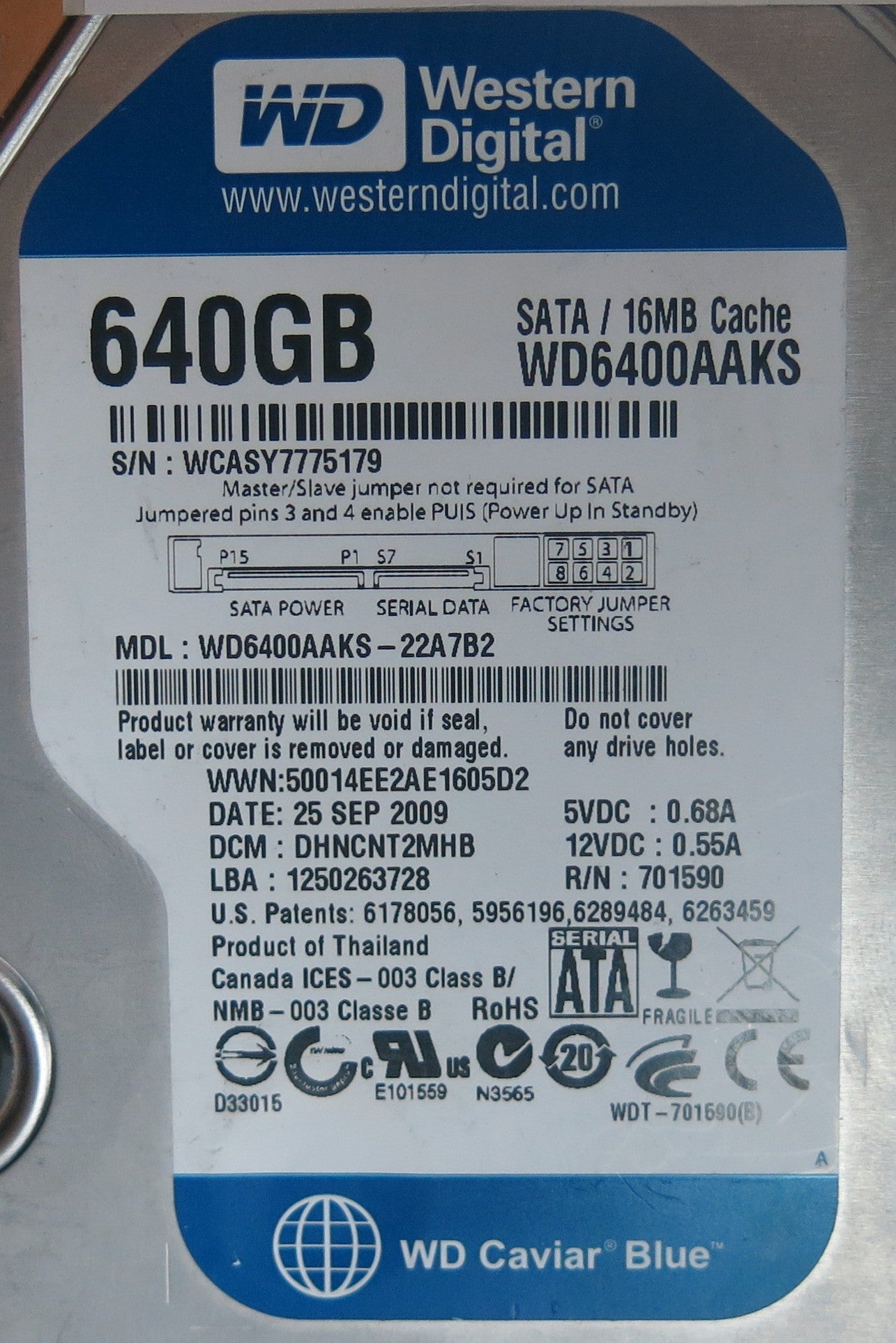 WD6400AAKS-22A7B2, PN , DCM  DHNCNT2MHB, 2060-701590-000 REV A PCB