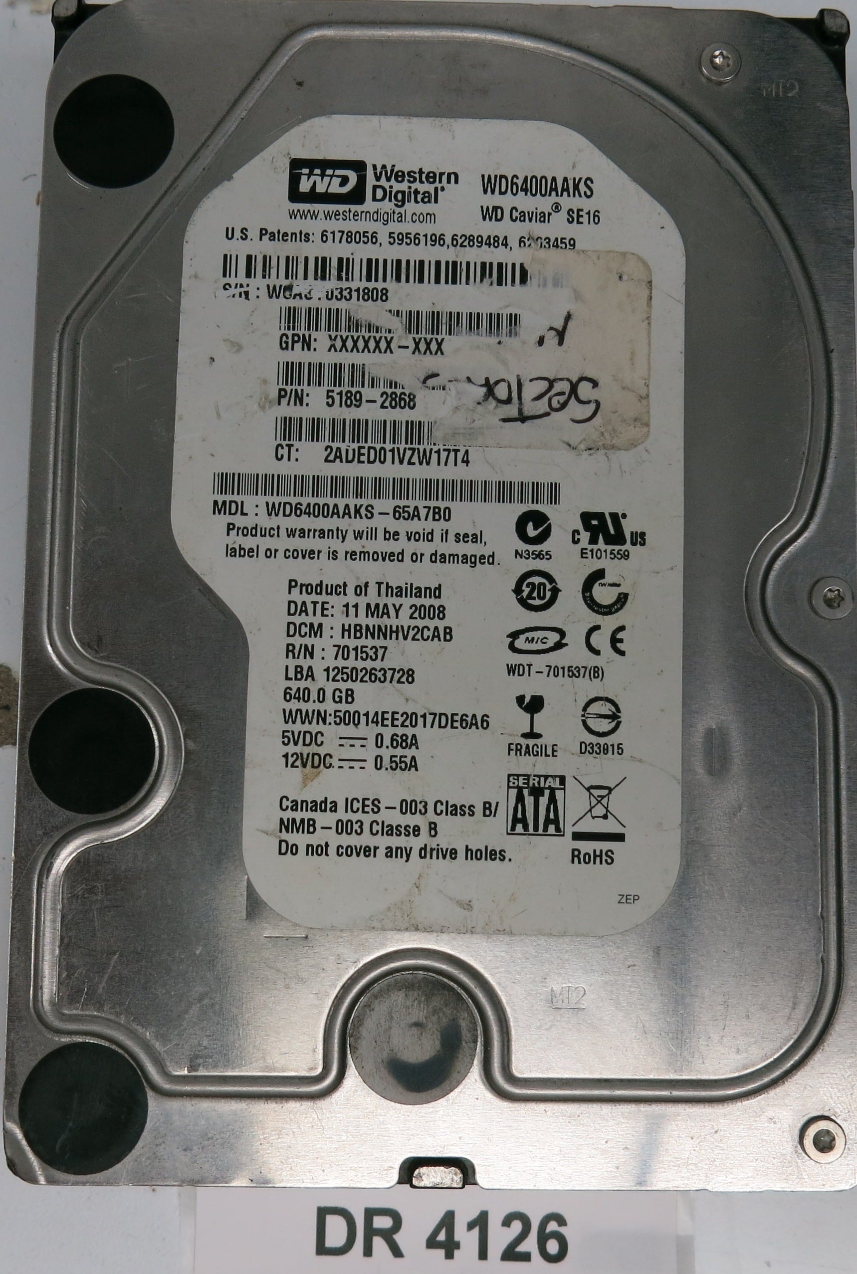 WD6400AAKS-65A7B0, DCM: HBNNHV2CAB, 640.0GB 3.5