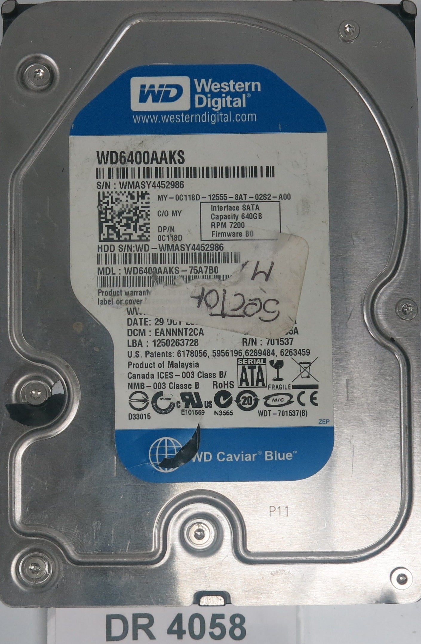 WD6400AAKS-75A7B0, DCM: HBNT2HN, Serial Number: WMASY4452986, 640 3.5, PCB 2060-701537-003 REV A