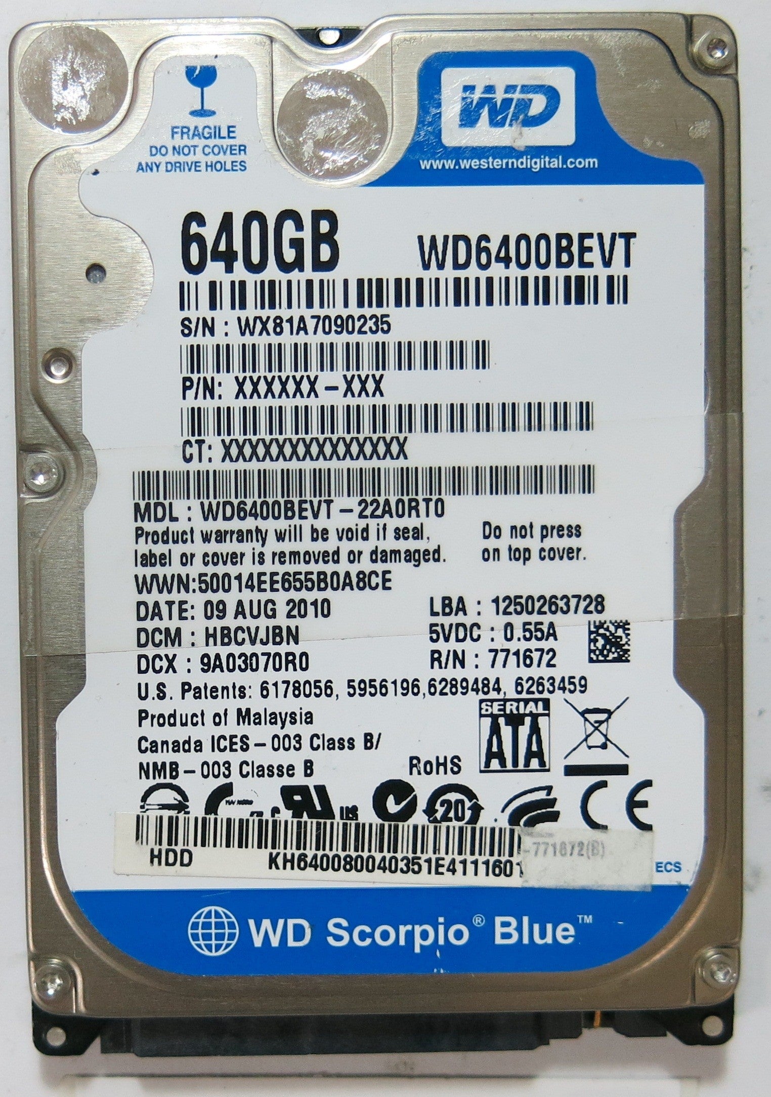 WD6400BEVT-22A0RT0 PN FW HBCVJBN 640GB