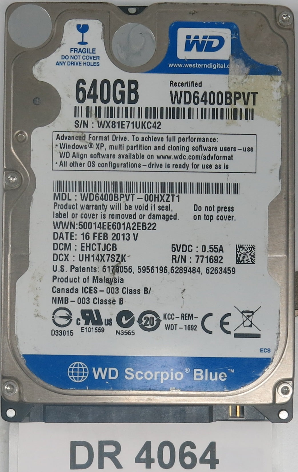 WD6400BPVT-00HXZT1,  DCM: EHCTJCB,  Serial Number: WX81E71UKC42,  640GB 3.5,  PCB 2060-771692-005 REV A