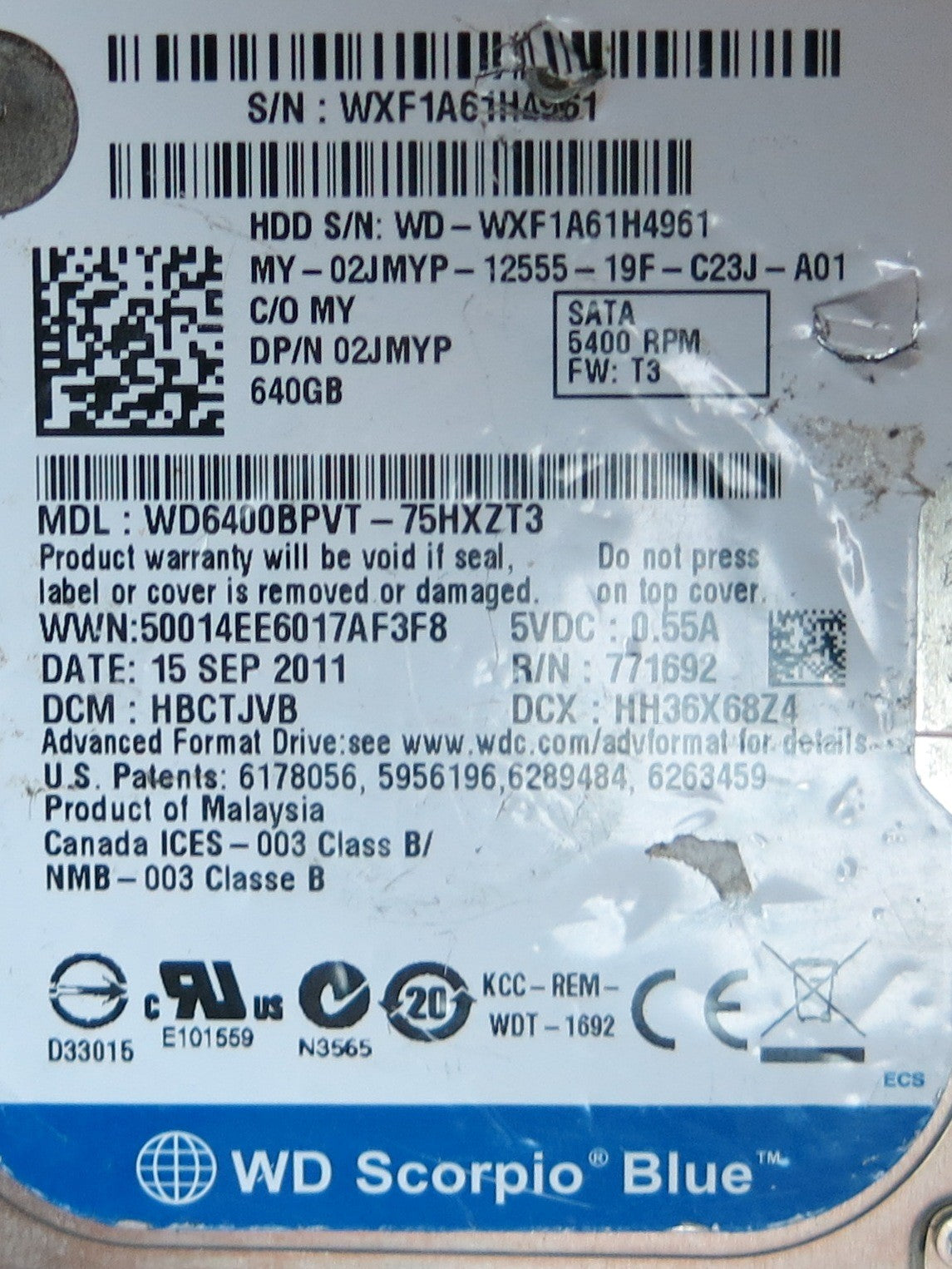 WD6400BPVT-75HXZT3, DCM HBCTJVB, 2060-771820-000 REV A PCB
