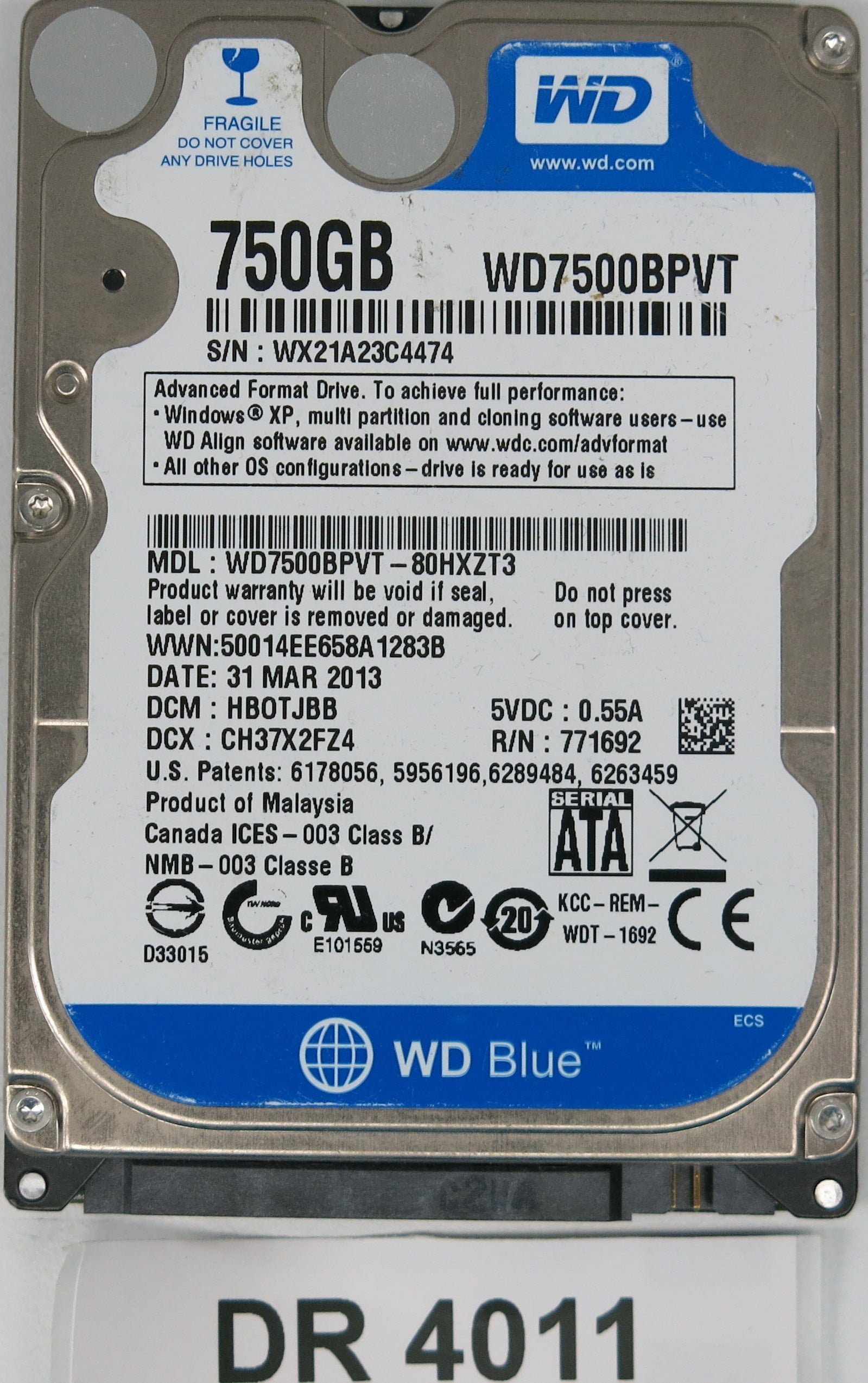 WD7500BPVT-80HXZT3, DCM: HB0TJBB, 750GB 3.5, PCB 2060-771820-000 REV A